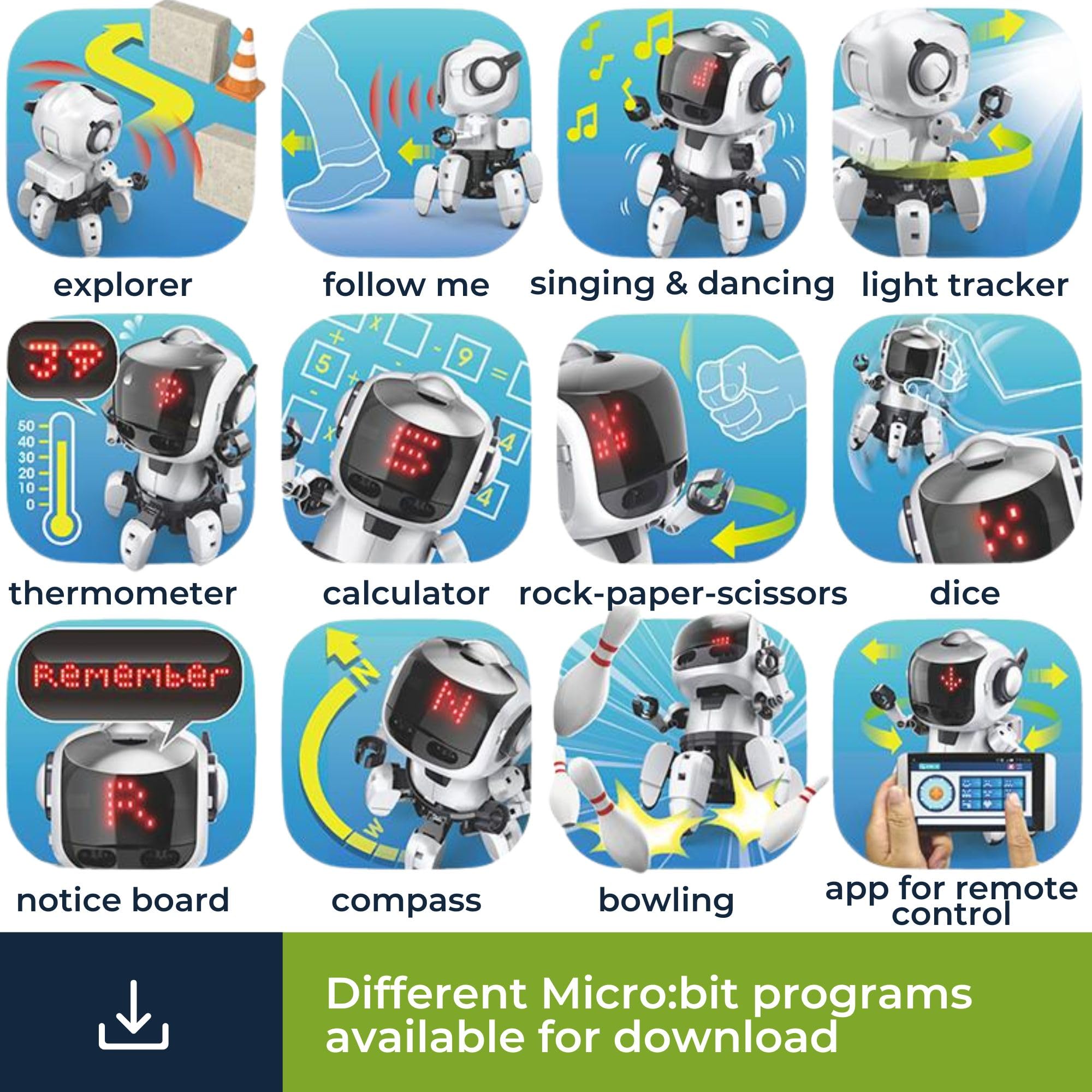 Velleman Robot edukacyjny Tobbie II z micro:bit, zestaw STEM z czujnikami i silnikiem, ucz się programowania z interaktywnym robotem dla młodzieży i dorosłych, działa na baterie