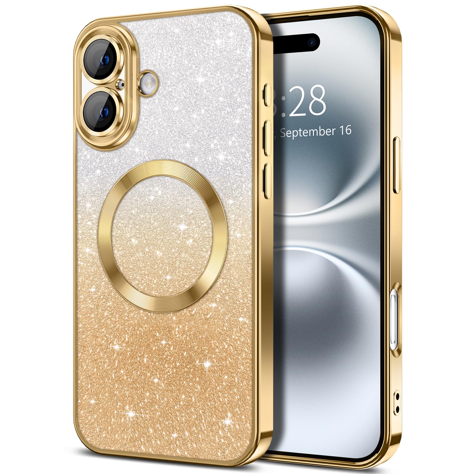 Hython for iPhone 16 Case Clear Magnetic Glitter Phone Cases [Compatible with MagSafe] Full Camera Lens Protector Slim Gradient Sparkle Luxury Plating