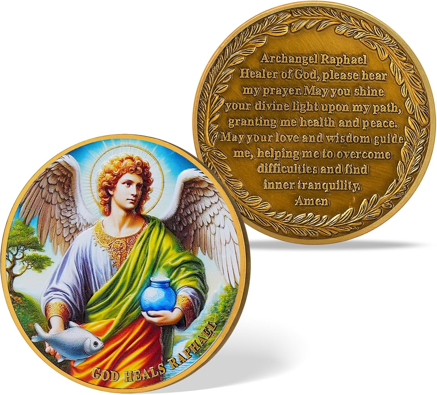 Archangel Raphael Religious Coin – God Heals Christian Token with Healing Prayer & Fish Symbol – Angel of Peace & Restoration Coin for Spiritual Comfort & Encouragement