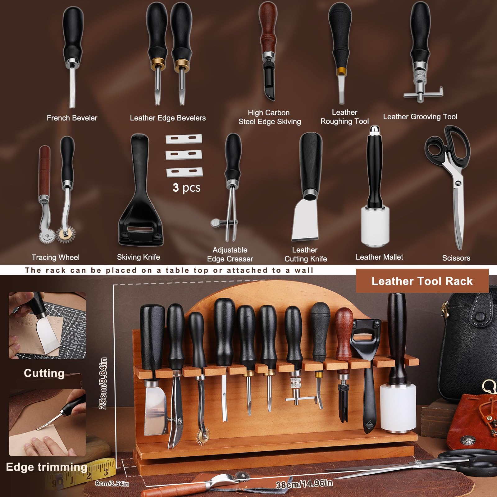 BUTUZE Lederwerkzeuge, Leder-Bastelset mit Leder-Werkzeugständer, Lederarbeitswerkzeug-Set für Erwachsene und Werkzeugbedarf zum Schnitzen, Stempeln, Gravieren, Nähen, Schneiden, Stanzen und Basteln