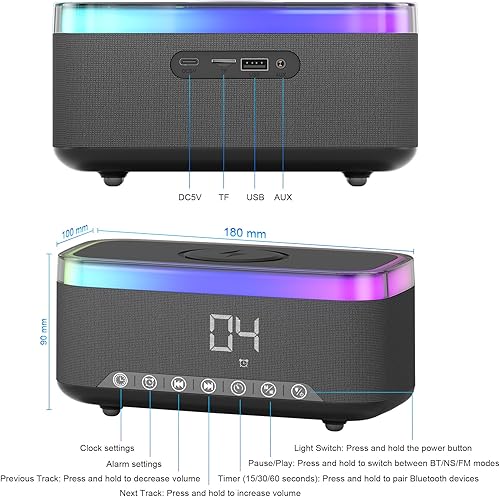 Miniatura 9 de S300 Altavoz Bluetooth portátil con carga inalámbrica rápida de 15 W, máquina de sonido de ruido blanco, reloj despertador digital, radio FM, luz