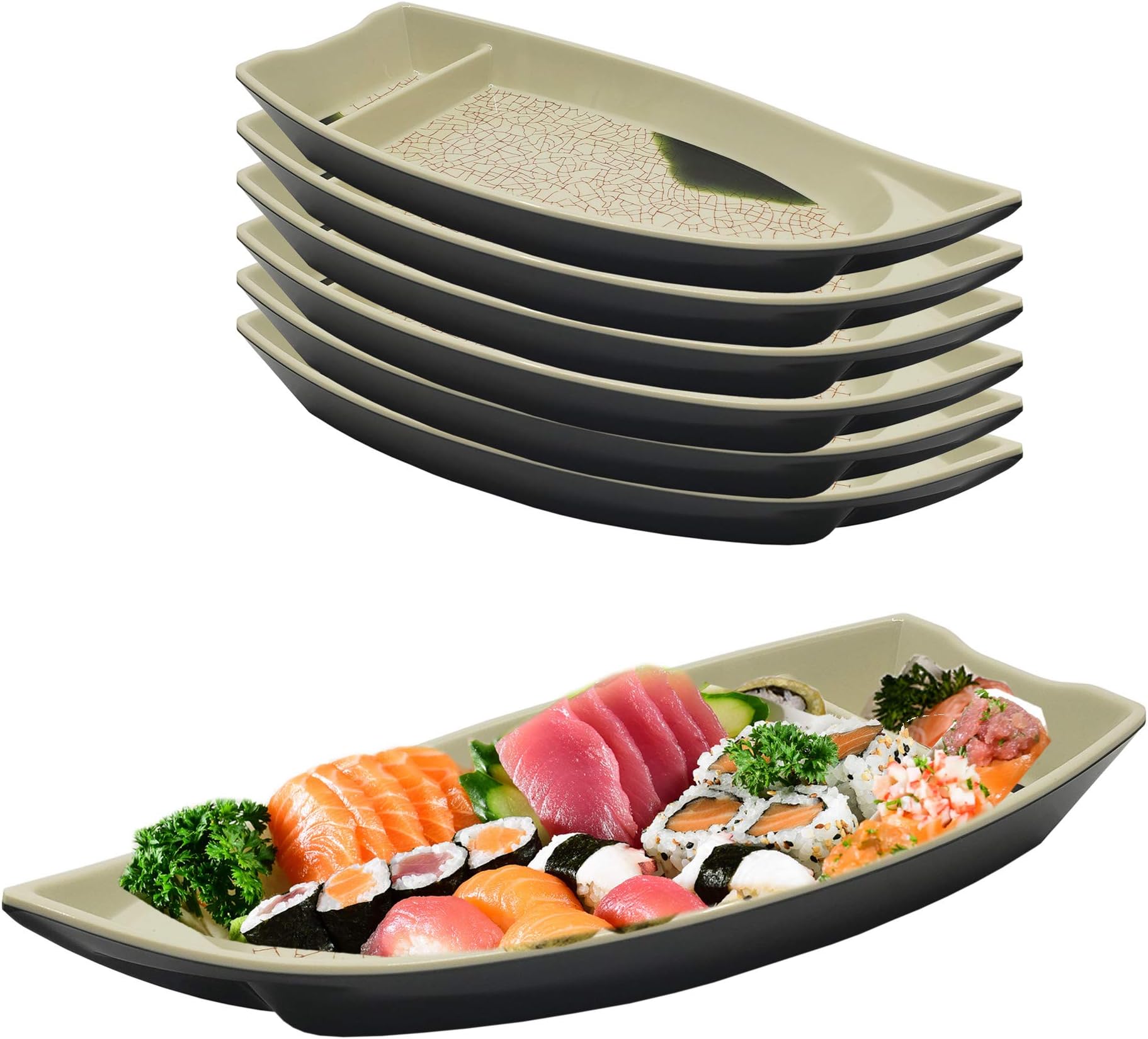 Set of 6, The Elixir Deco Sushi Serving Boat, 10 x 4 inches, Sushi Boat Plate Sushi Serving Tray with Dipping Sauce Compartment for Restaurant and Home