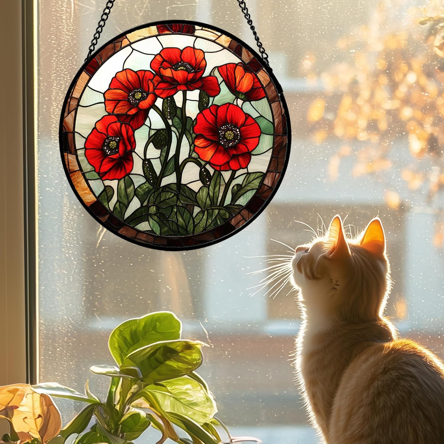 Stained Glass Window Hanging - Red Poppy Suncatcher for Door Garden Yard Birth Flowers Sun Catchers Decor Christmas Mother's Day Birthday Gifts for Women Mom Nana Wife Teacher 6.3 in