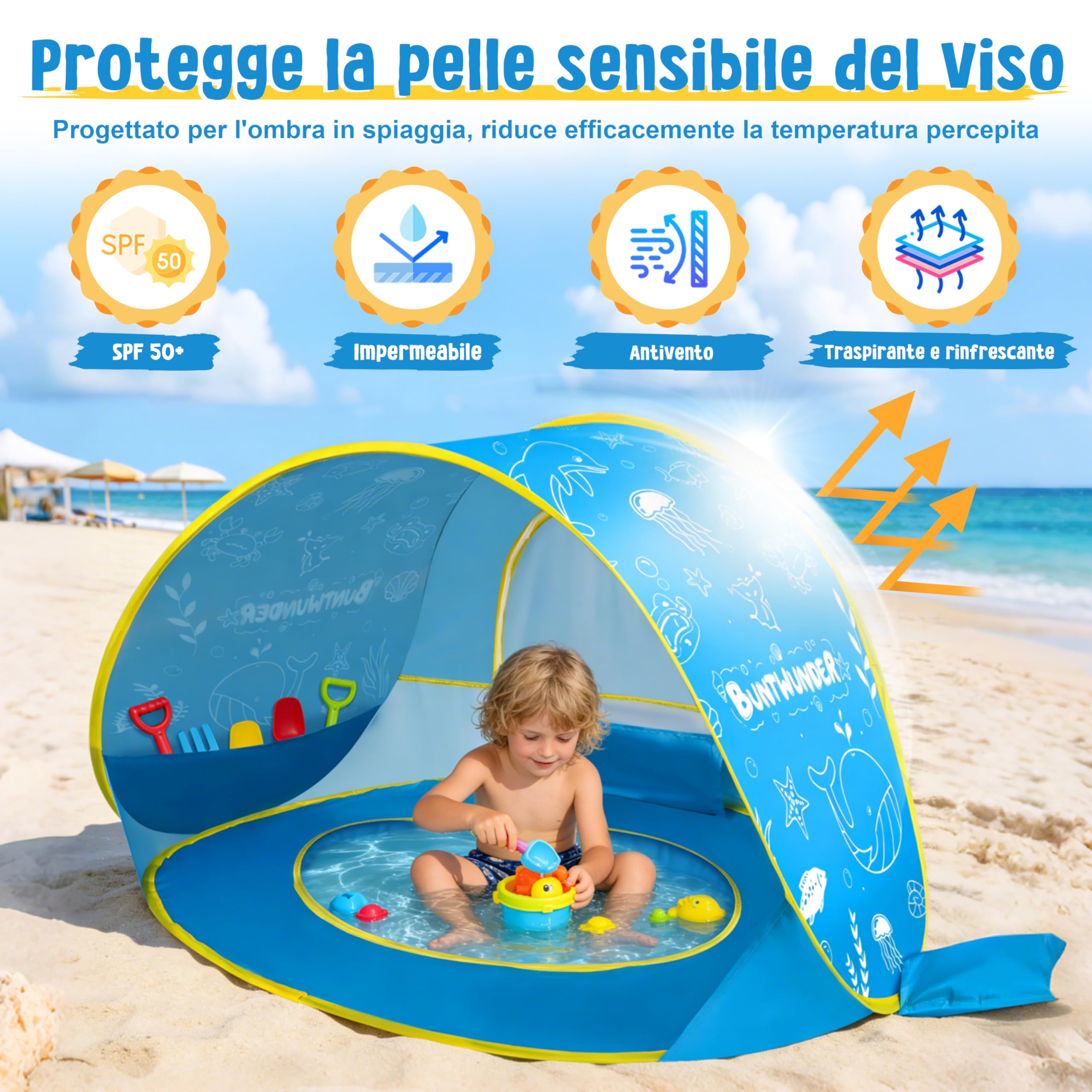 JONRRYIN Tenda da Spiaggia Bambini Pop-Up, Tenda Spiaggia con Mini Piscina, Tenda da Spiaggia Portatile Protezione Solare UPF 50+, Ideale per Viaggio in Spiaggia Campeggio (Blu)