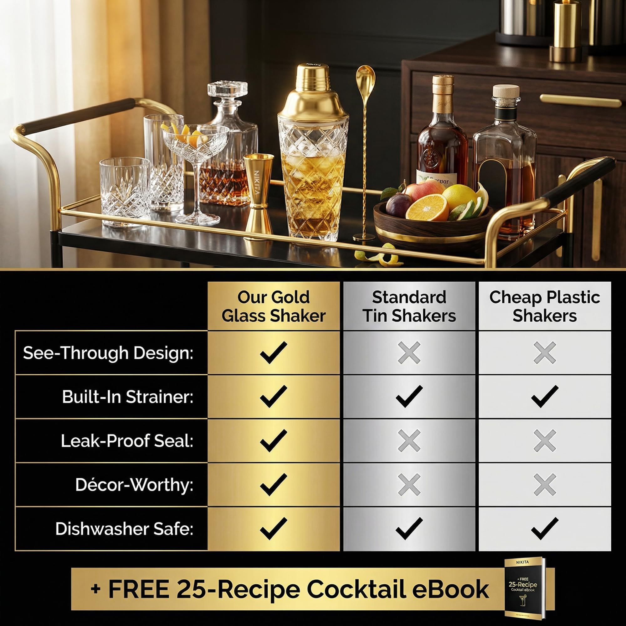 Nikita Cocktail Shaker, 5-Piece Martini Shaker & Bartender Kit with Bar Accessories Strainer, Jigger, Spoon & Muddler, Gold 16oz Drink Mixer with Bartender Accessories