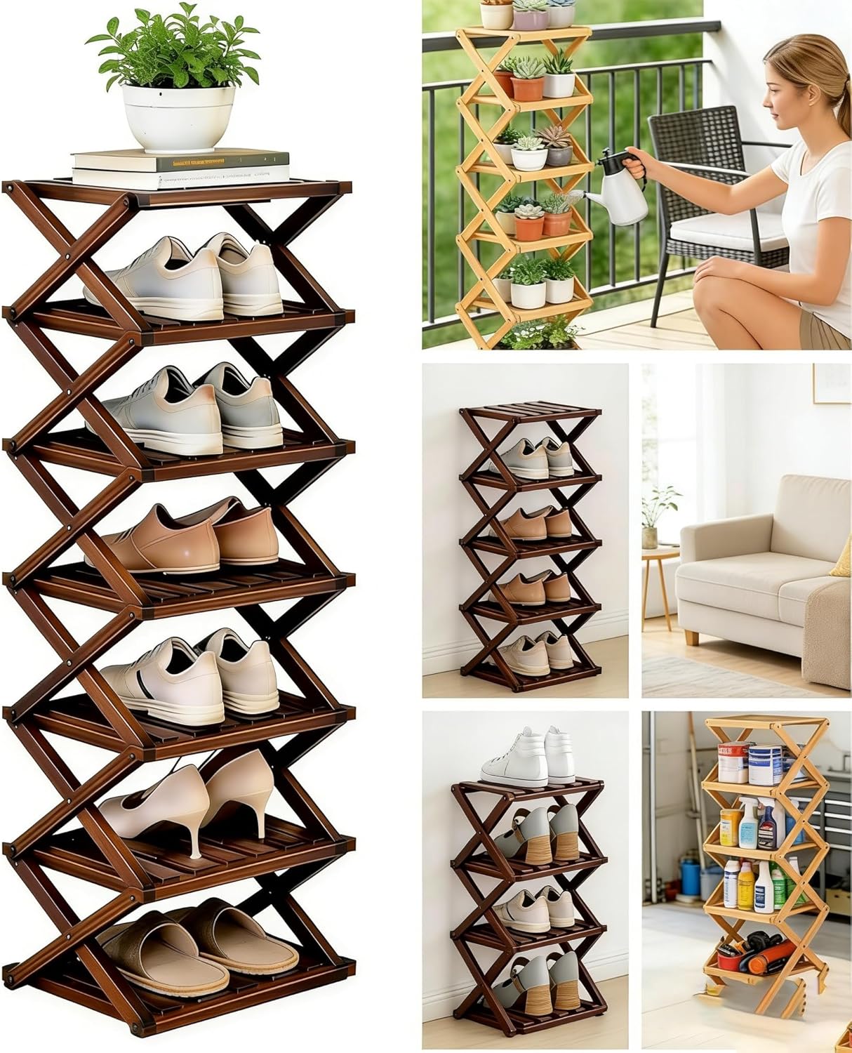 Ecology Bamboo Shoe Rack, Foldable Shoe Rack Organizer, Folding Bamboo Shoe Rack with No Assembly Design, Collapsible Wooden Shoe Rack for Entryway, Closet & Small Spaces (6 Tier)