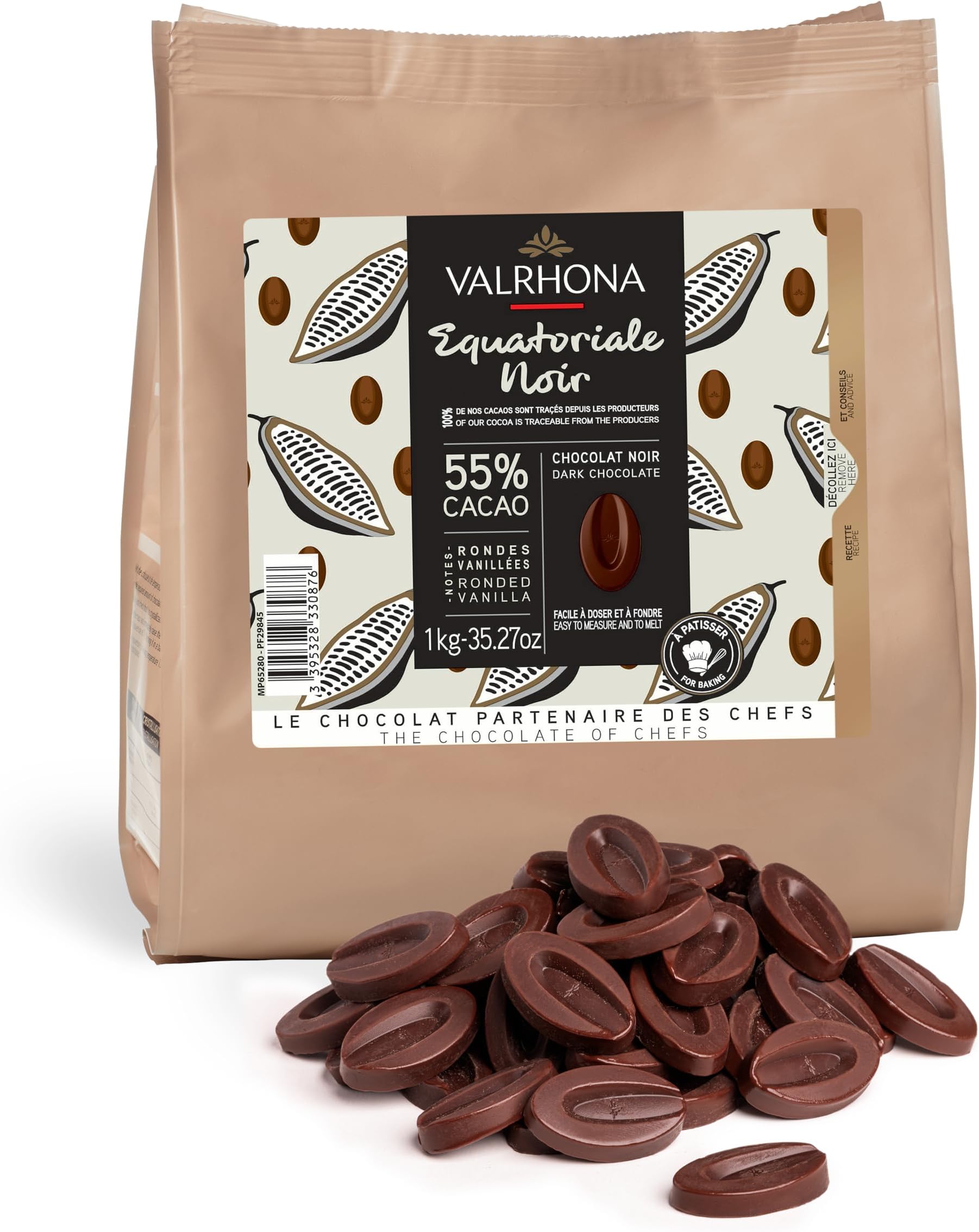 Valrhona Premium French Baking Dark Chocolate Discs (Feves). EQUATORIALE 55% Cacao. Easy Melt & Tempering. Creamy and Balanced. Great for Sauces, Cakes, Mousses, Frostings, and Candies 1kg (Pack of 1)