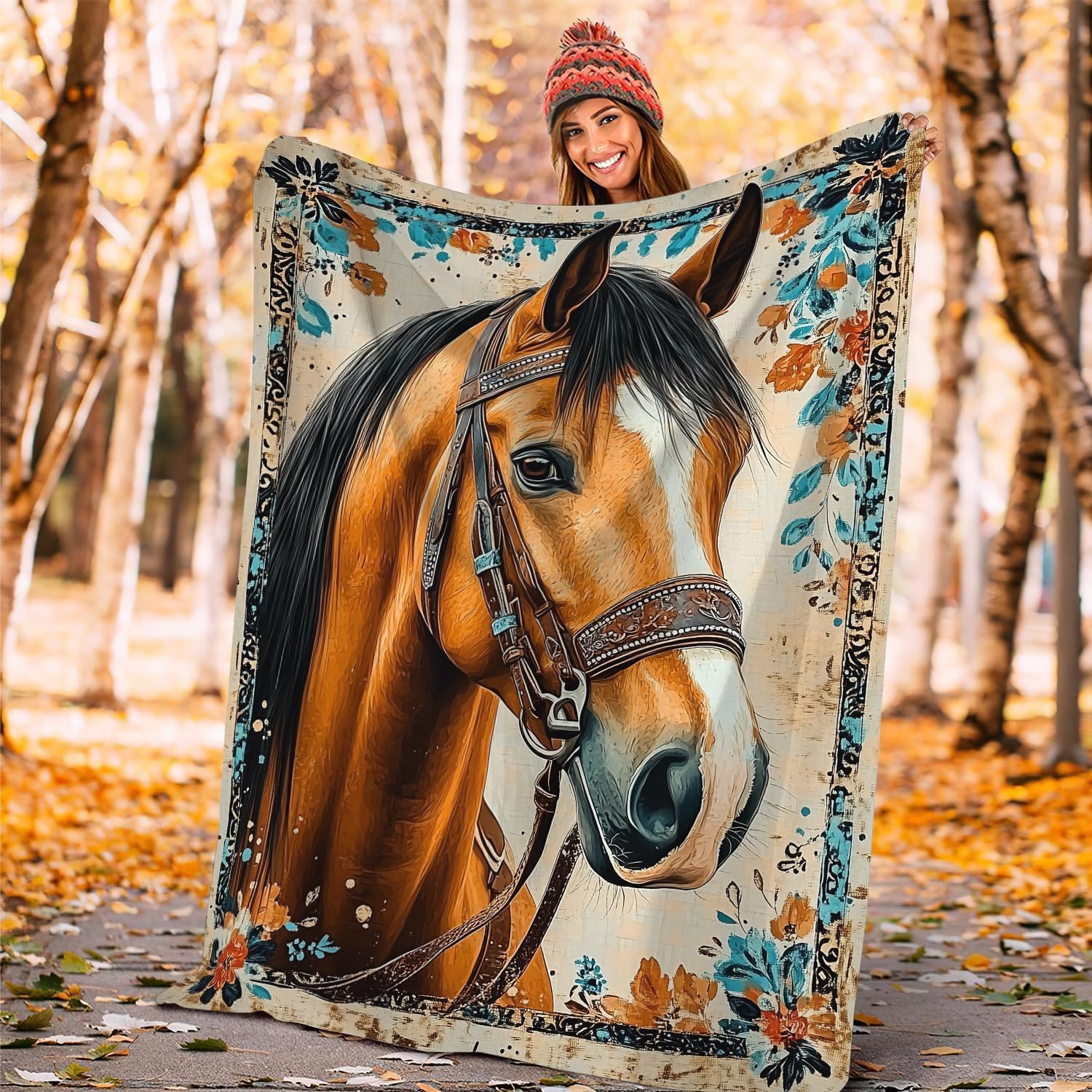 Brown Horse Blanket Vintage Floral Horse Flannel Plush Throw Blanket Animal Decor Fleece Stuff Blanket Gifts for Lover Girls Boys Kids Adults Women Bed Travel 40"x50" - Image 5