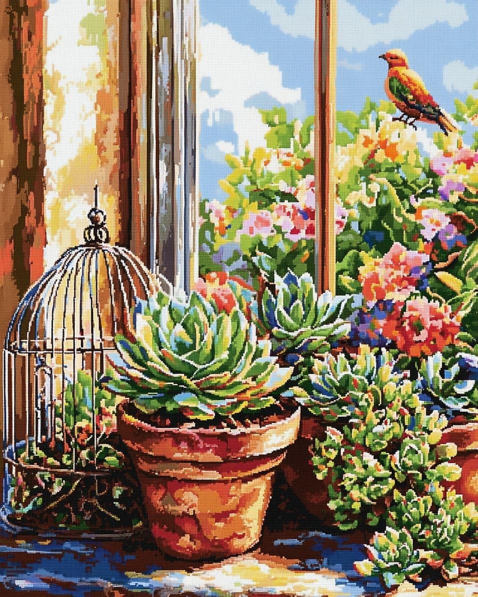 WallustrioaW 11CT Cross Stitch Kit,Succulents and birdcages,Cross Stitch Kit for Adult Beginners,Full Line DIY Cross Stitch Stitching for Home Decor,16x20in