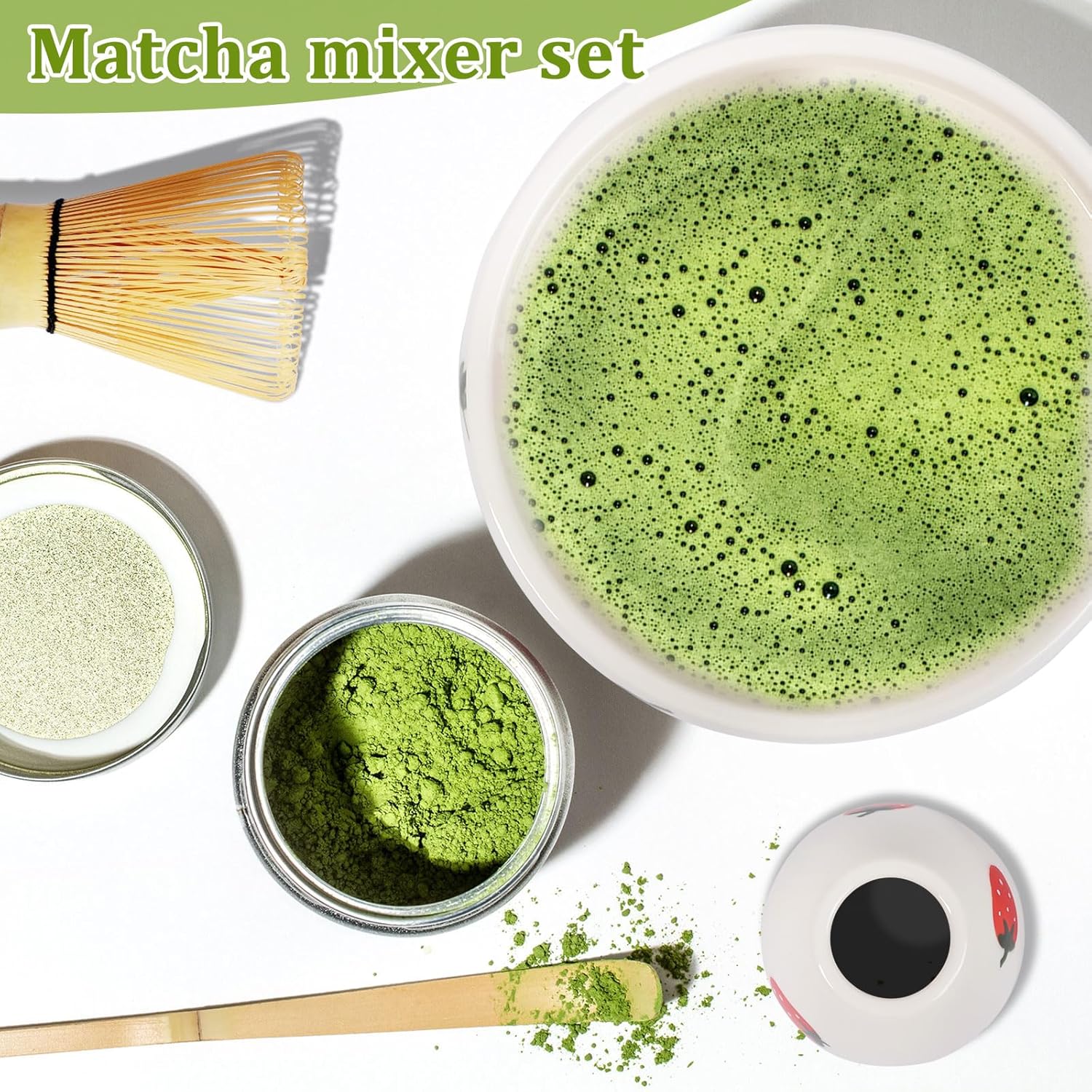 Matcha Whisk Set, Strawberry Matcha Bowl Set with Cups, Bamboo Whisk, Scoop & Holder, Kit Gift for Tea Lovers and Tea