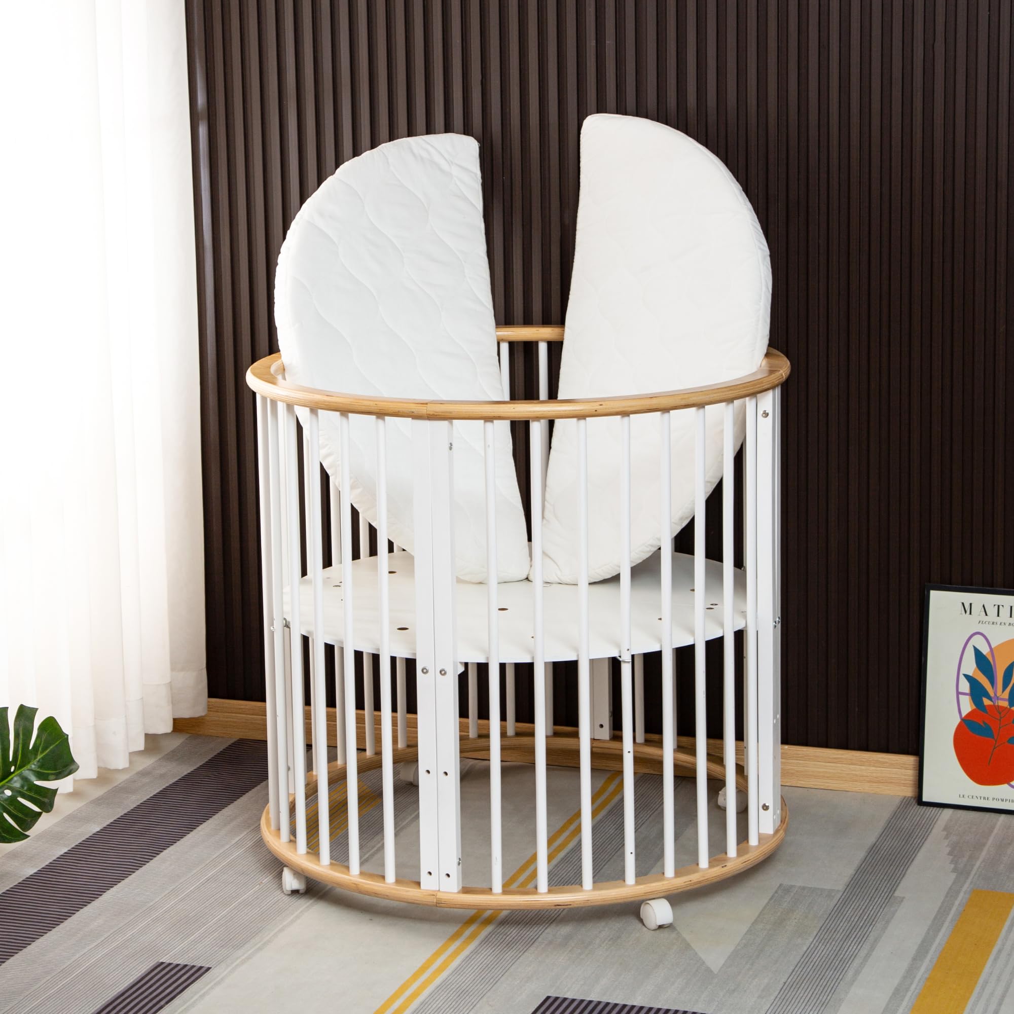 Babybox – Runde Spielkiste aus Holz – Laufstall – Inkl. Matratze – 91x91x85 cm – Natur