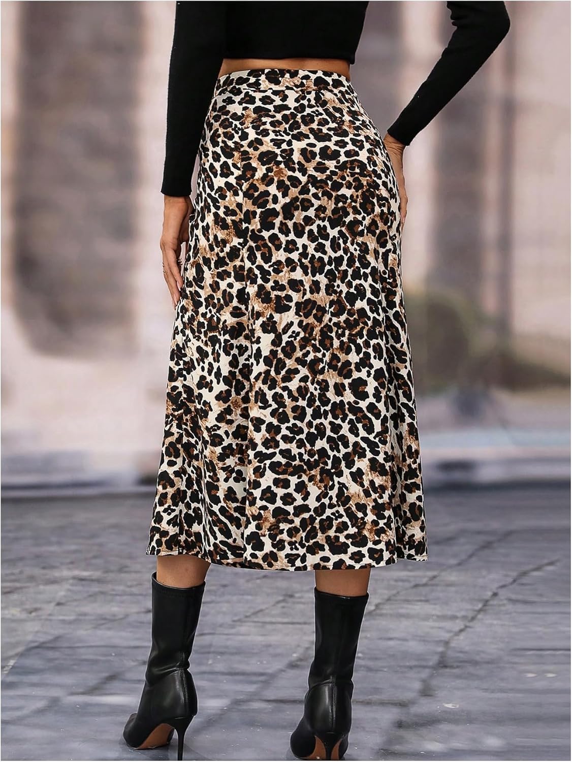 SHENHE Women's Leopard Print A Line Midi Skirt High Waisted Flared Elegant Dressy Skirt - Image 2