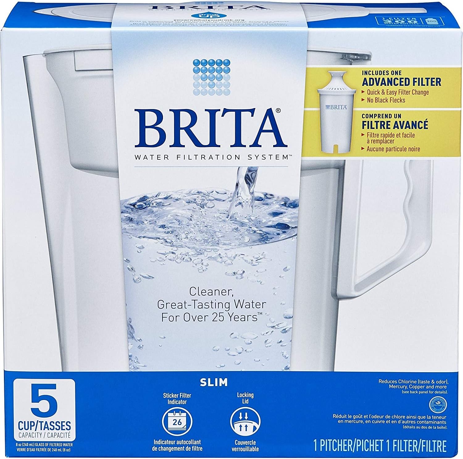 Water Pitcher, Slim, Capacity, Includes One Advanced Filter, White - 5 Cup Size