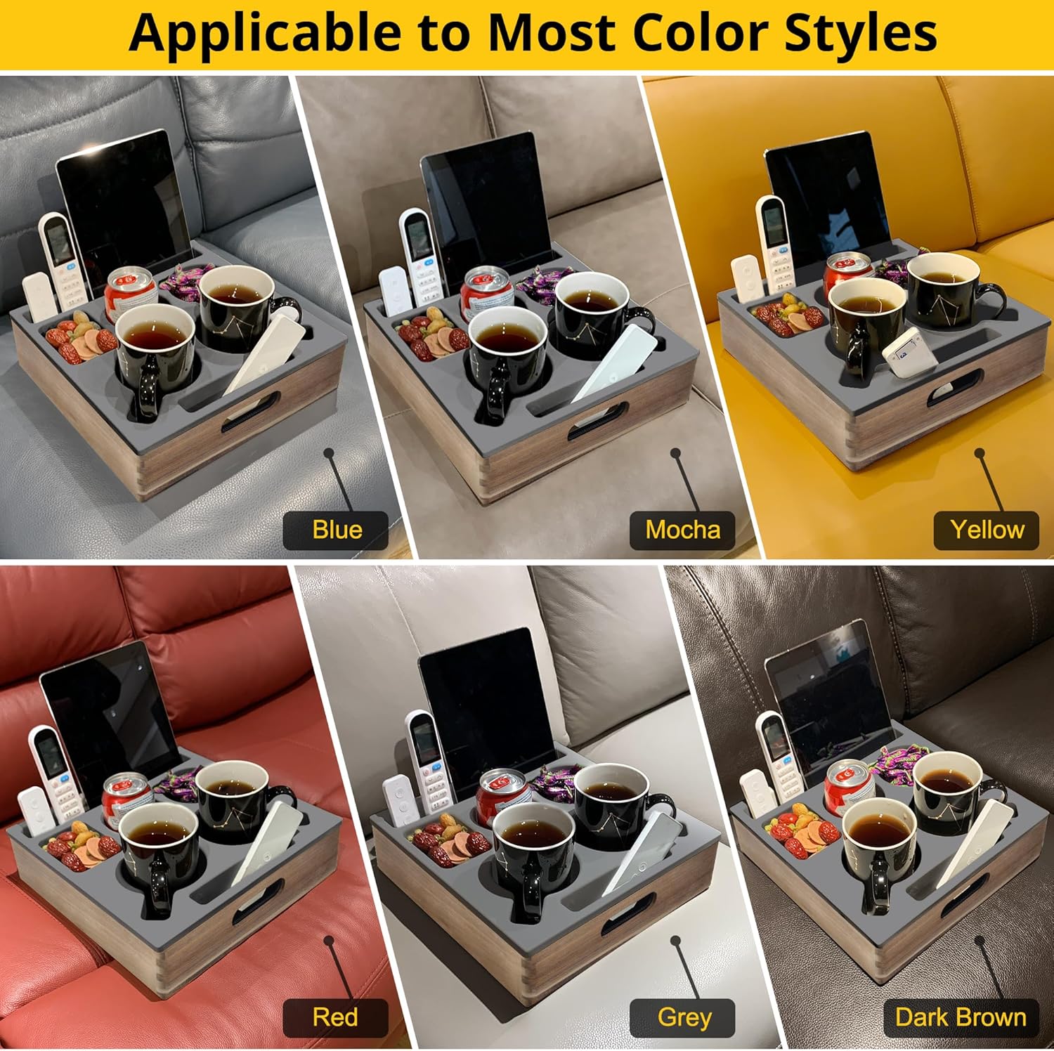 KindGa Couch Cup Holder, Waterproof Anti-Spill Couch Drink Holder for Snacks Beverage Remote, Food Grade Silicone Wooden Couch Caddy for Bed Car Seat Beach Tray (Gray)