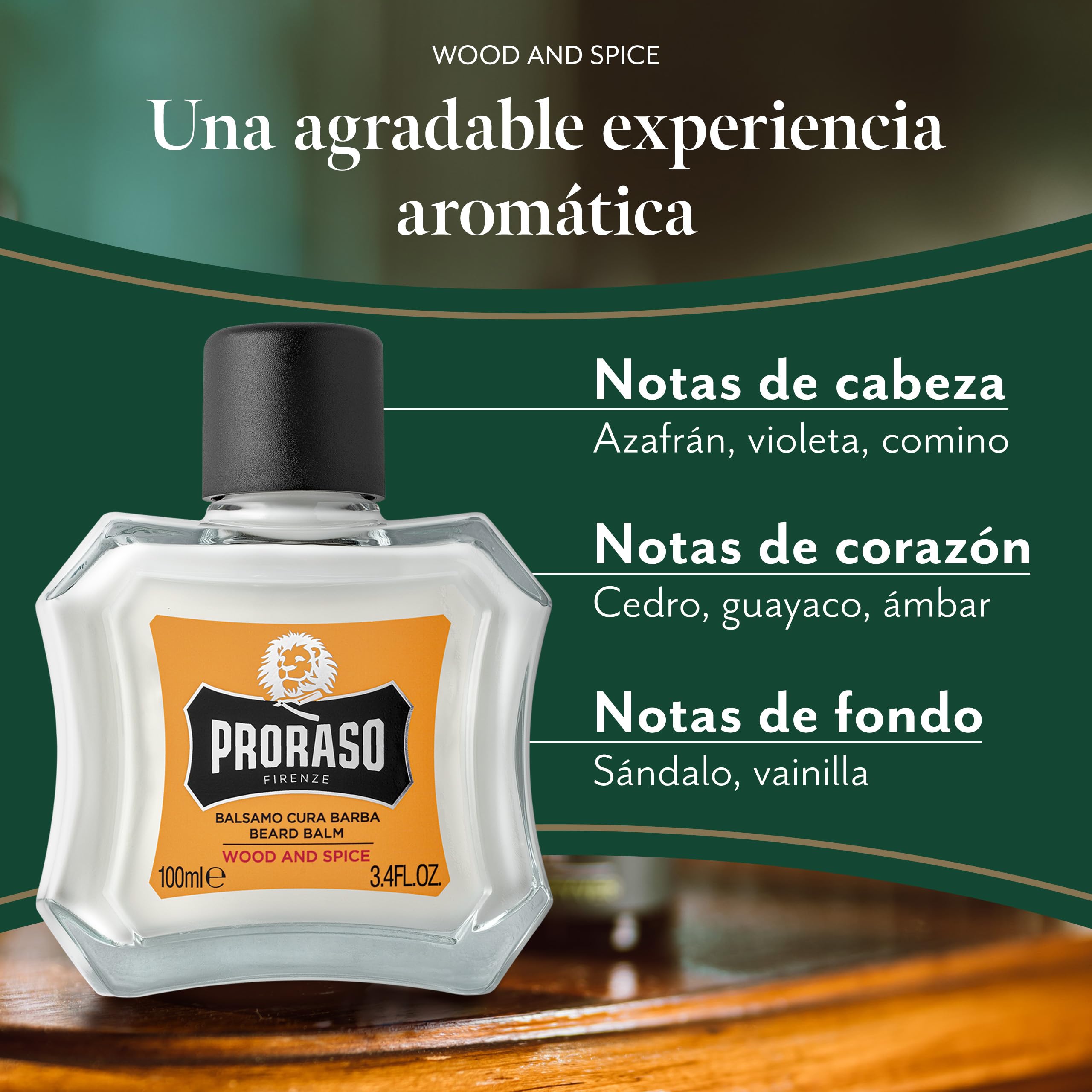 Proraso Bálsamo barba, Wood and Spice, 100 ml, bálsamo barba hombre suavizante anti irritaciones, bálsamo para cuidado facial hombre de acción profunda