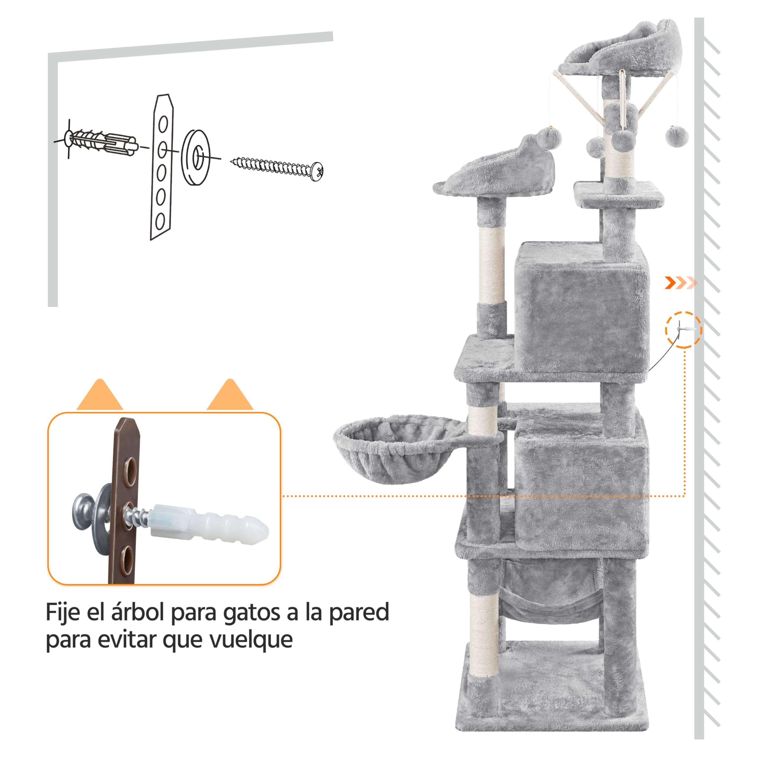 Yaheetech Rascador para Gatos Mascotas con Hamaca Plataforma Cueva Bolas de Juego Canasta 55.5x45.5x170 cm Gris Claro