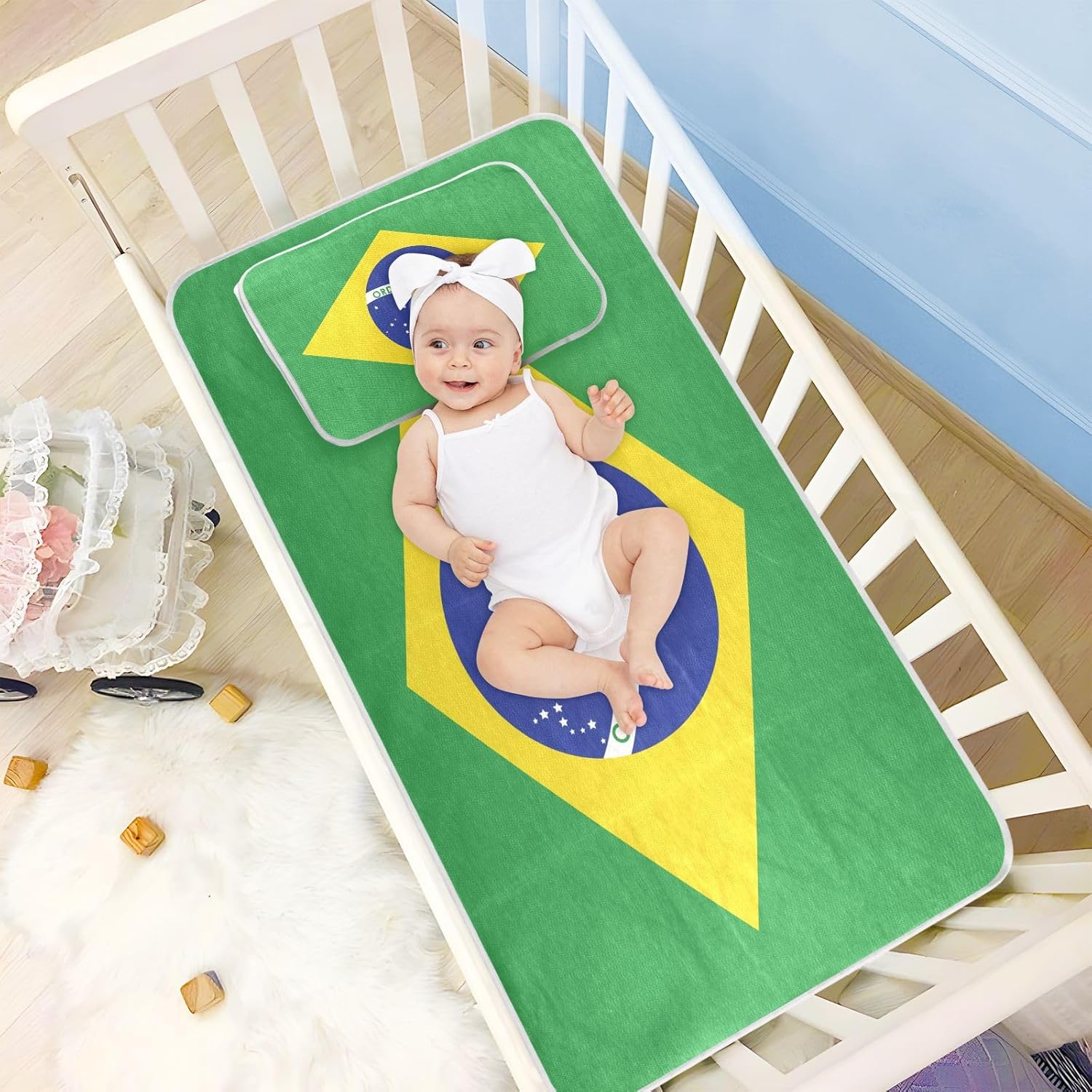 Cooling Baby Fitted Crib Mattress 28" x 52" Reusable Brazil Flag Green Brazilian National Crib Mattress pad for Baby&Toddler
