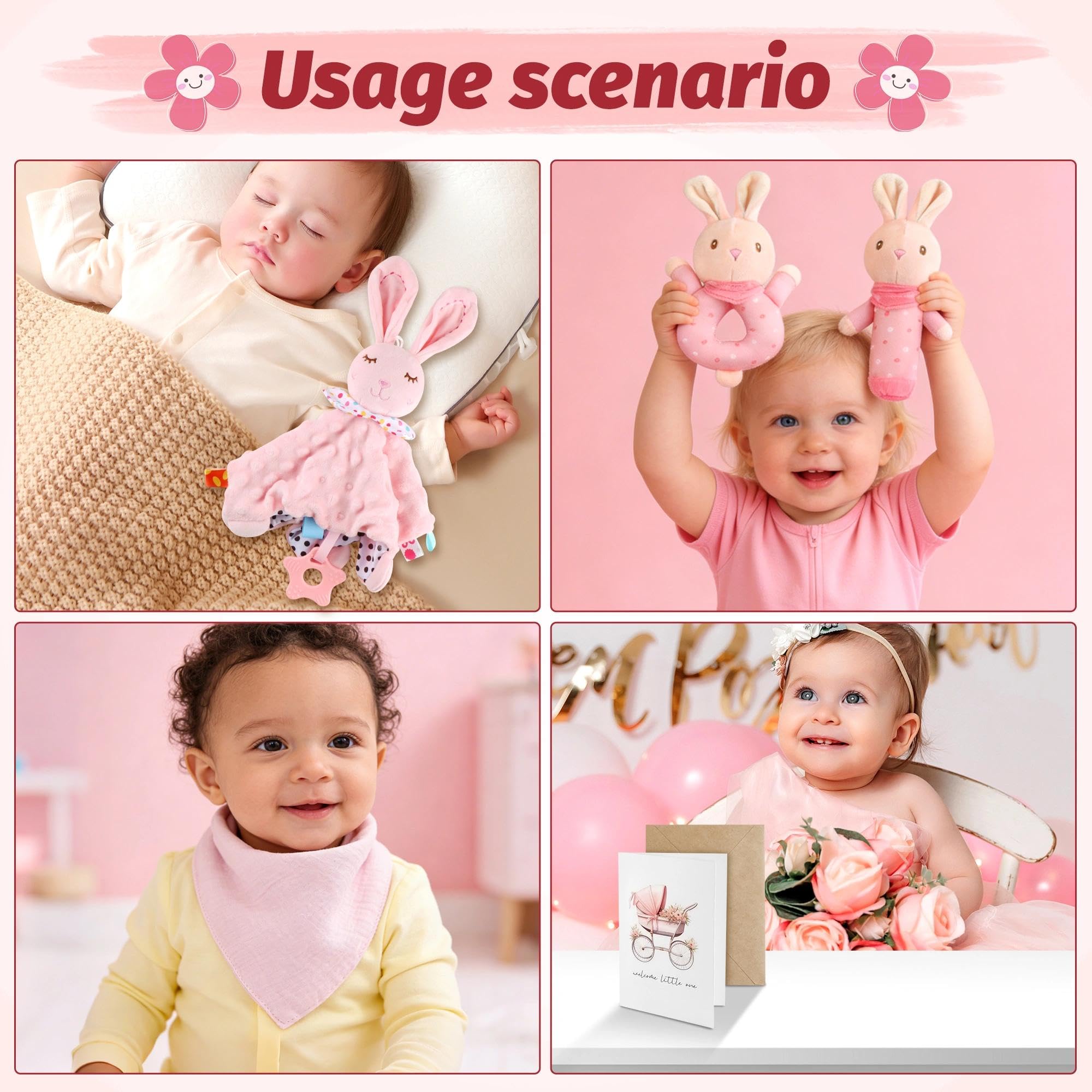 Coffret Naissance Mixte Bébé avec Couverture 70x100 cm Doudou Hochet Bavoir Chaussettes Rose