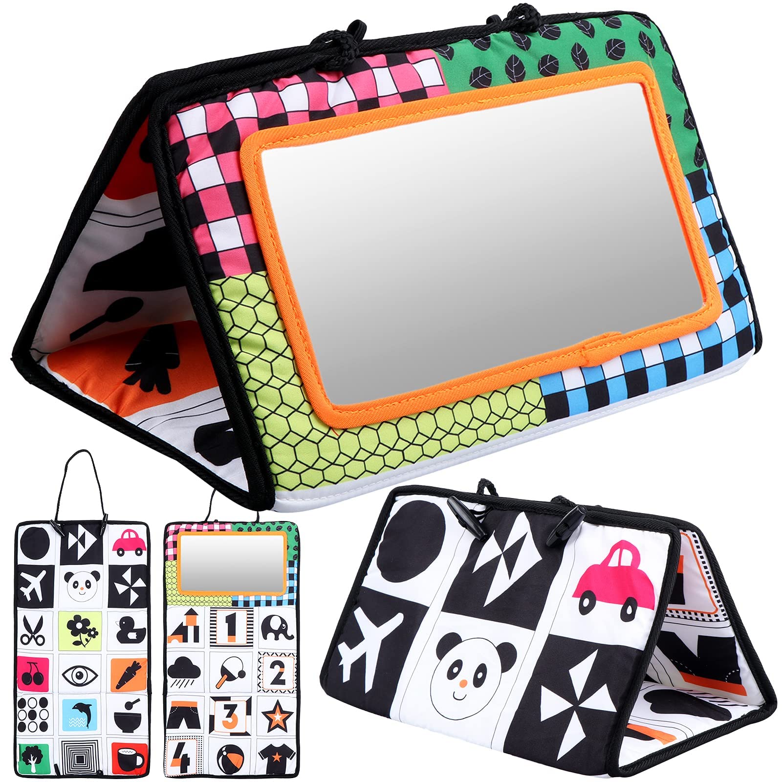 Tummy Time Mirror Toys for Babies, MAKINGTEC Developmental Baby Tummy Time Toys Activity, Collapsible Montessori Sensory Toys Black and White Double High Contrast for Car Seat Stroller Autism Gifts
