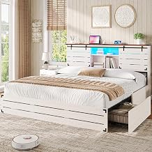 VIAGDO Wooden Bed Frame King Size with Bookcase Headboard and Sliding Barn Door, Farmhouse King Bed Frame with Charging Station, LED Lights and 4 Storage Drawers, No Box Spring Needed, White