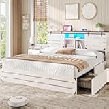 VIAGDO Wooden Bed Frame King Size with Bookcase Headboard and Sliding Barn Door, Farmhouse King Bed Frame with Charging Station, LED Lights and 4 Storage Drawers, No Box Spring Needed, White