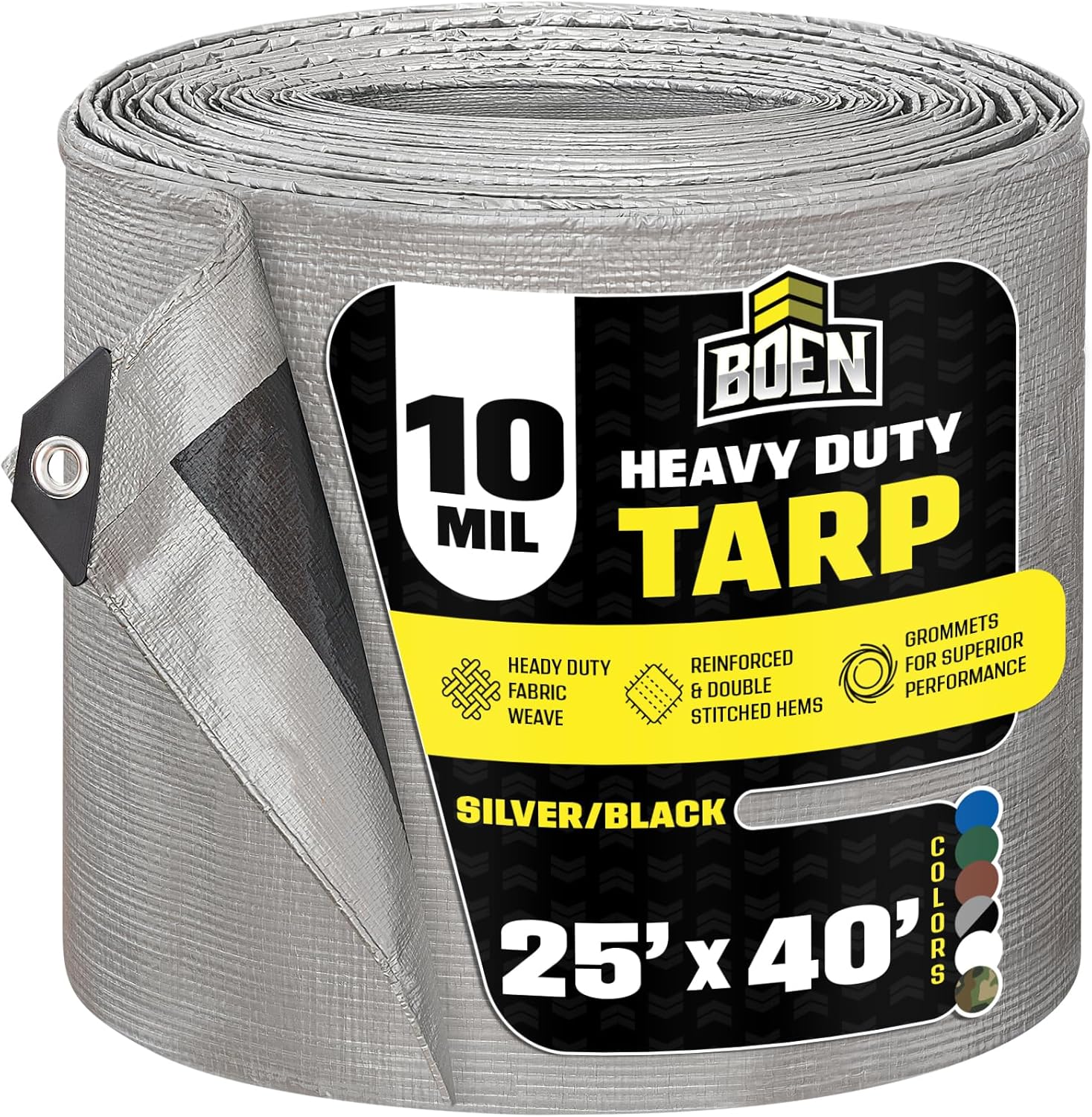 Heavy Duty Tarp Waterproof Large Cover |Silver/Black, 25' x 40' 10 Mil Thick | Rip Proof Tarps | Thick Weave Material, UV Resistant Great for Tarpaulin Canopy Tent, Boat, RV or Pool Cover Silver/Black - 10 Mil 25' x 40'