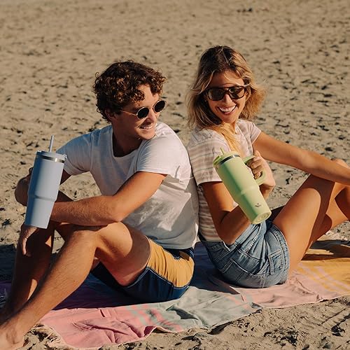 Miniatura 6 de Vaso de 40 fl oz con asa y 2 popotes, con tapa 2 en 1, botella de agua con aislamiento de acero inoxidable, taza de café y para viaje, color y