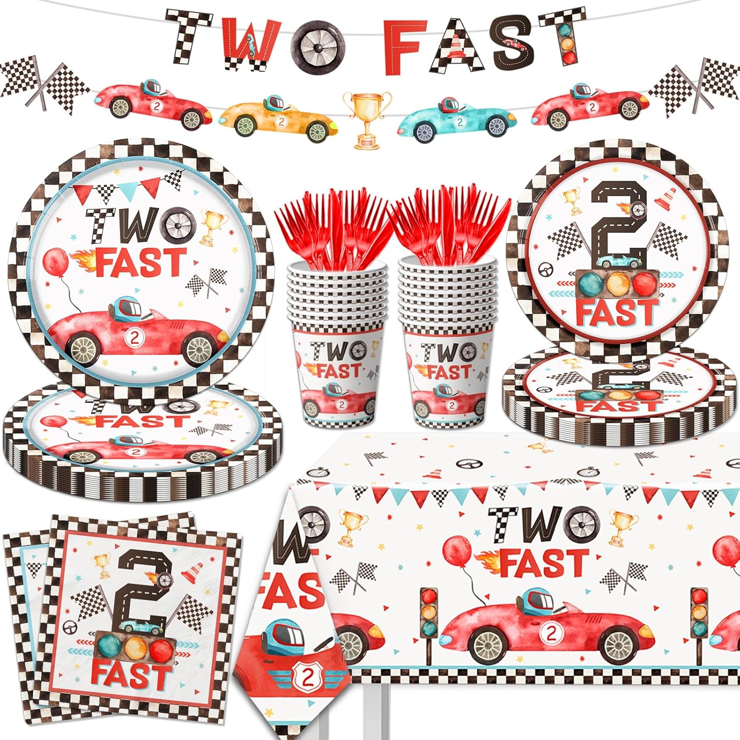 Two Fast Birthday Party Supplies, 142pcs Race Car 2nd Birthday Decorations Tableware Kit Includes Race Car Plates Napkins Tablecloth for Two Years Old Party Baby Shower Decorations Favors for Boys