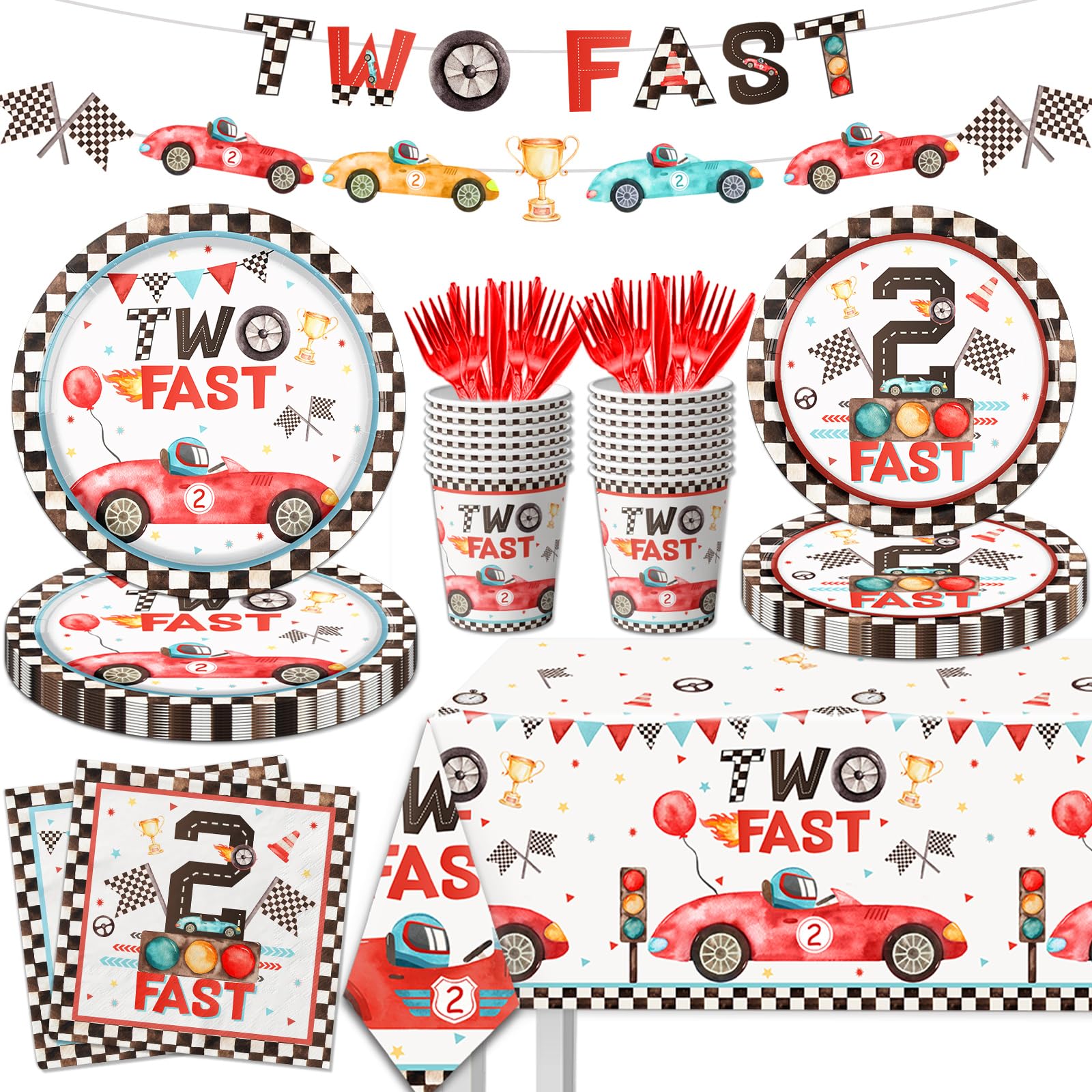 Two Fast Birthday Party Supplies, 142pcs Race Car 2nd Birthday Decorations Tableware Kit Includes Race Car Plates Napkins Tablecloth for Two Years Old
