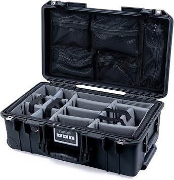 Black Pelican Air 1535 Carry-on Case - With Grey Padded Dividers & Mesh Lid Organizer.