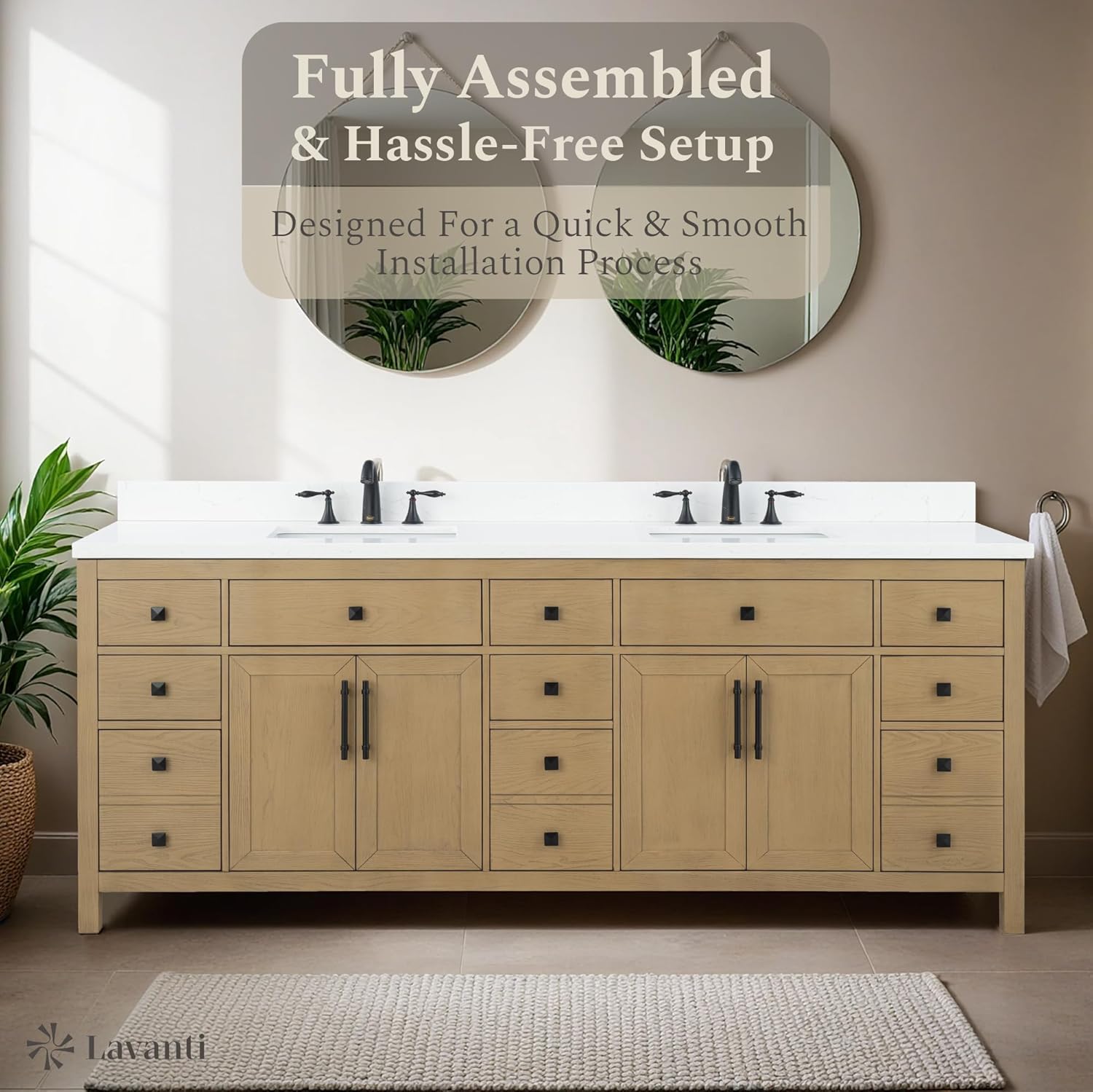 Lavanti Oakford 84 Inch Bathroom Vanity with Sink – Stylish Firwood Oak Vanity Bathroom with Storage Cabinet – Modern Bathroom Vanities with Double Vanity Sink & Quartz Countertop