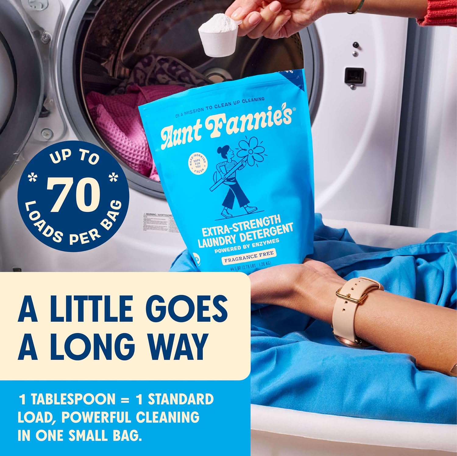 Aunt Fannie's Extra Strength Powder Laundry Detergent, Stain Fighting, Plant Based, Natural Ingredients, 70 Loads Per Bag, Fragrance Free, 88 Oz