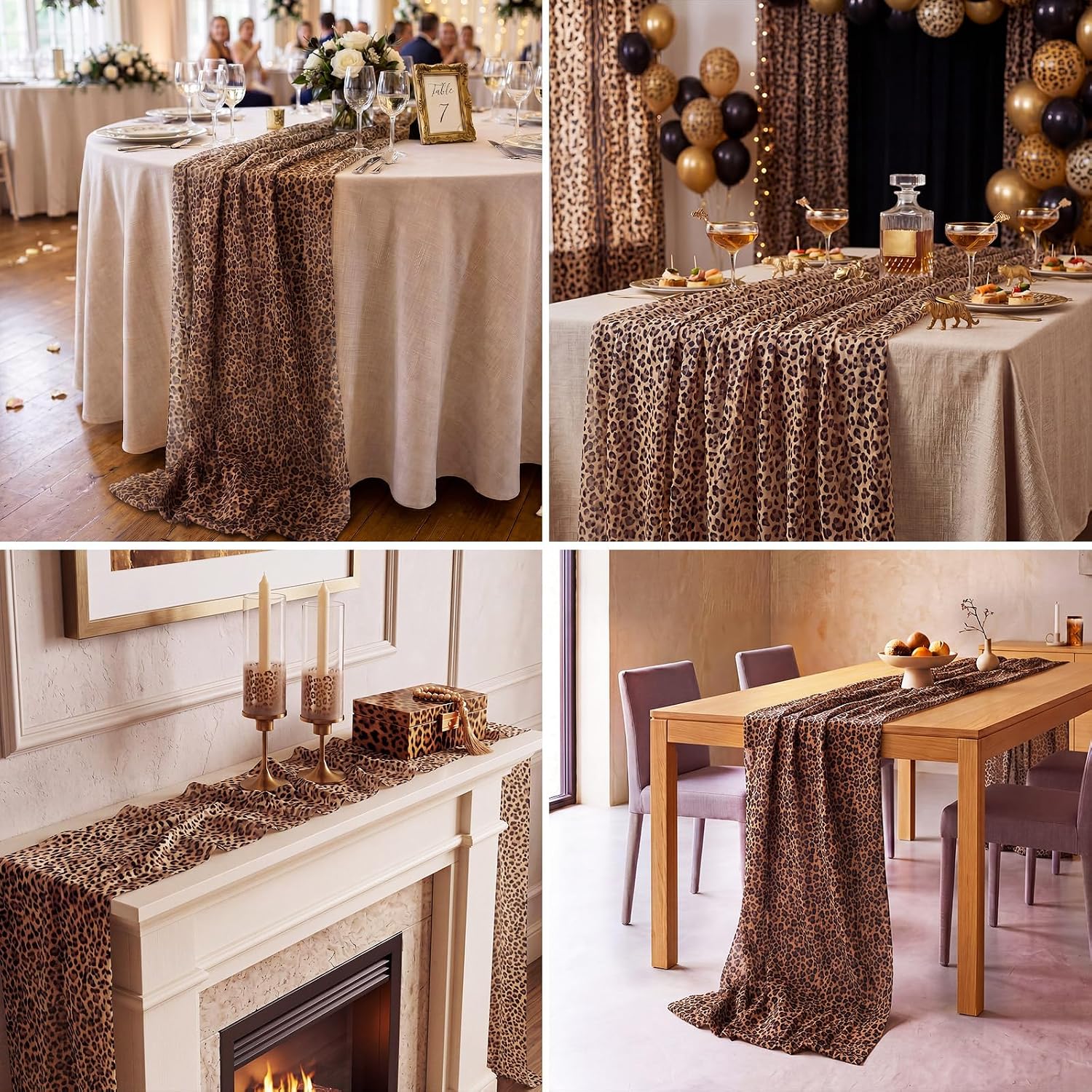 6 Pcs Leopard Table Runner Cheetah Print Polyester Fabric,Brown