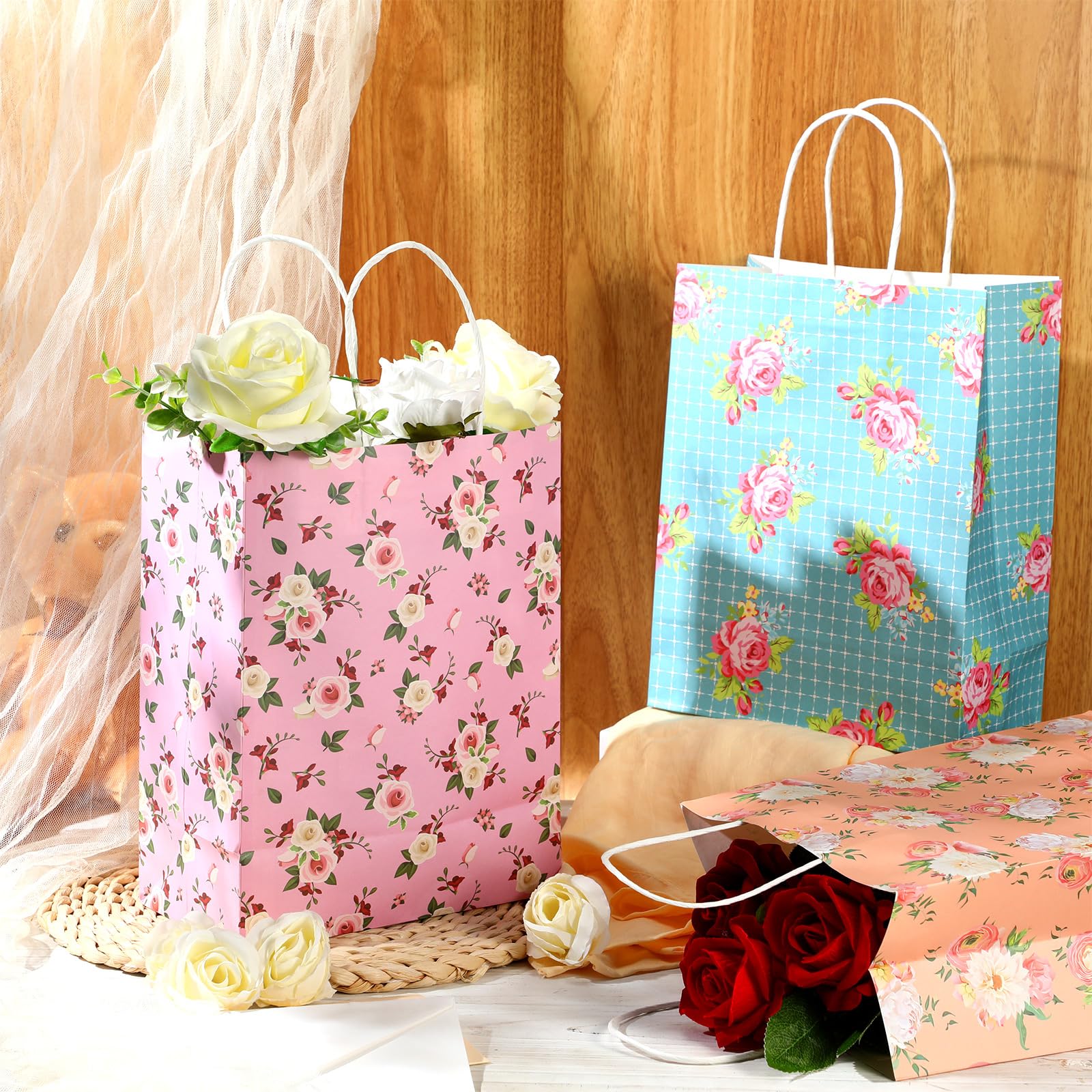 Geyoga 50 Stück Blumen-Geschenktüten mit Griffen, 10,5 x 8,5 x 4,5 cm, mittelgroße Papier-Geschenktüten, Vintage-Blumen-Geschenktüten, Papiertüten mit buntem Rosen-Blumendruck, für Blumenparty,