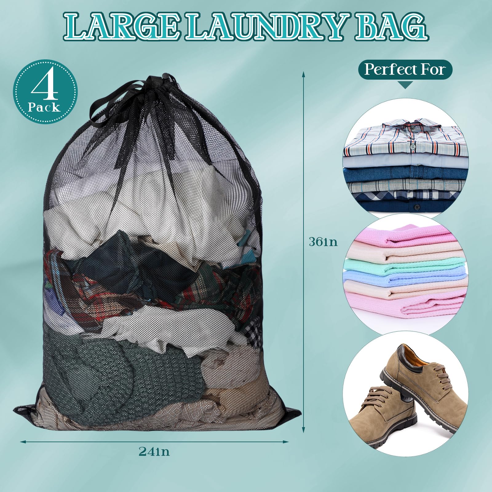 Aliceset 4 bolsas de lavandería de malla de 24 x 36 pulgadas con cordón, bolsa de lavandería de malla resistente con asas, lavable a máquina, para dormitorio universitario, familia y residentes de