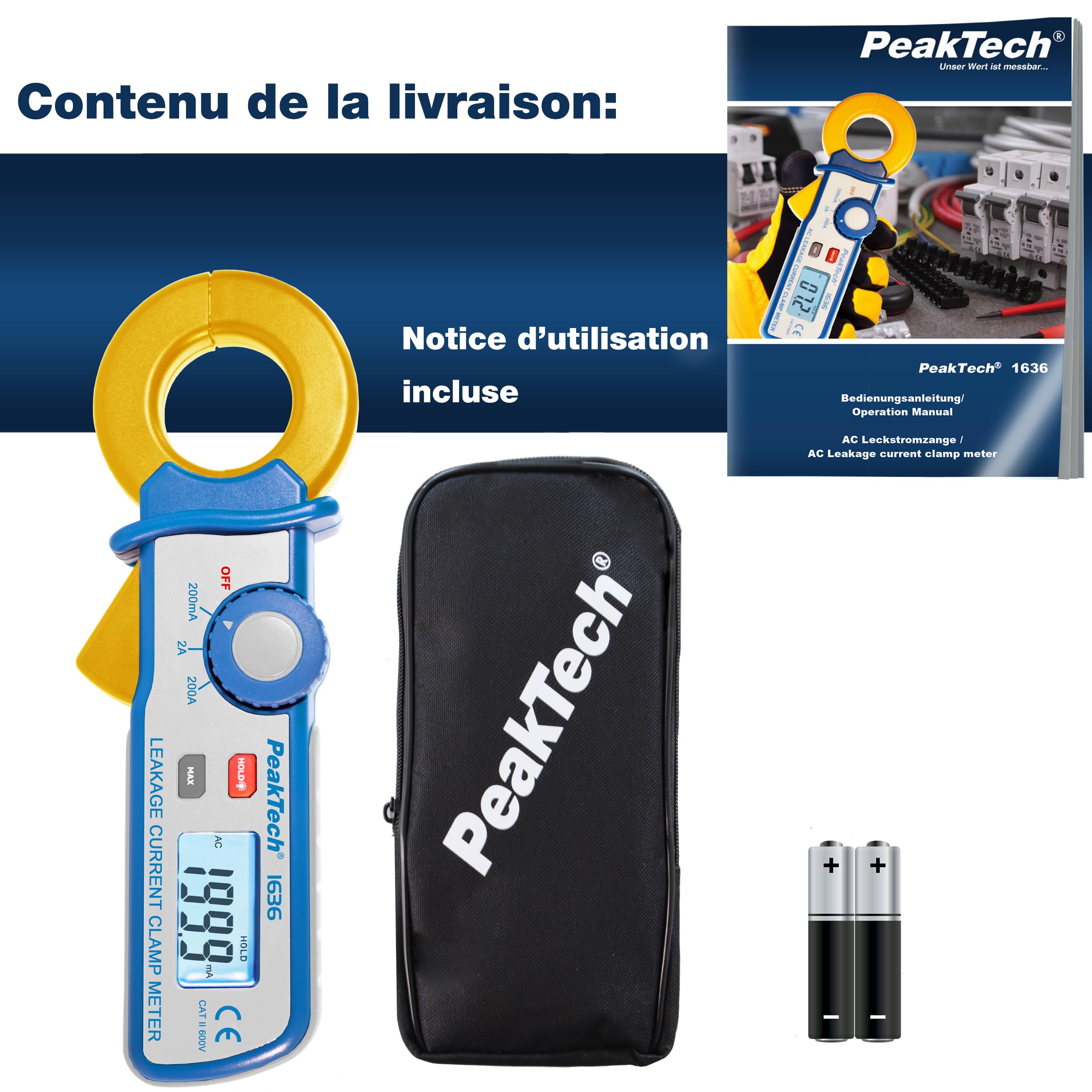 PeakTech 1636 Pince Ampèremétrique de Courant de Fuite AC jusqu’à 200A, Résolution 100 µA, Écran LCD, CAT II 600V, Mesure Précise