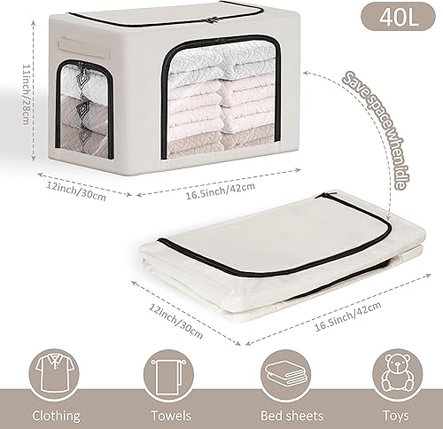 Miniatura 3 de Paquete de 3 contenedores apilables de almacenamiento de ropa de 40L con asas de marco de metal y cremallera, caja organizadora plegable con tapa