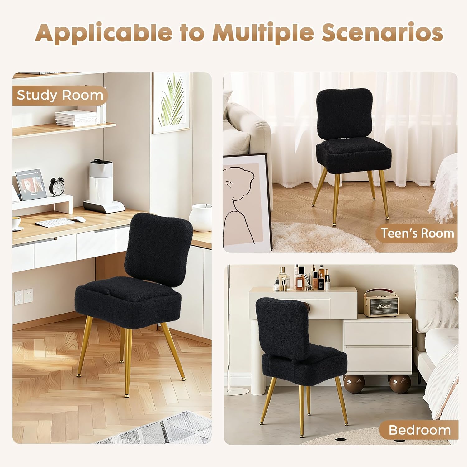 Small Vanity Chair with Storage and Foldable Backrest - Plush Teddy Fabric, 8L Hidden Storage, 250lbs Capacity, Multi-Functional Makeup Stool Ottoman for Living Room, Bedroom and Bathroom (Black)