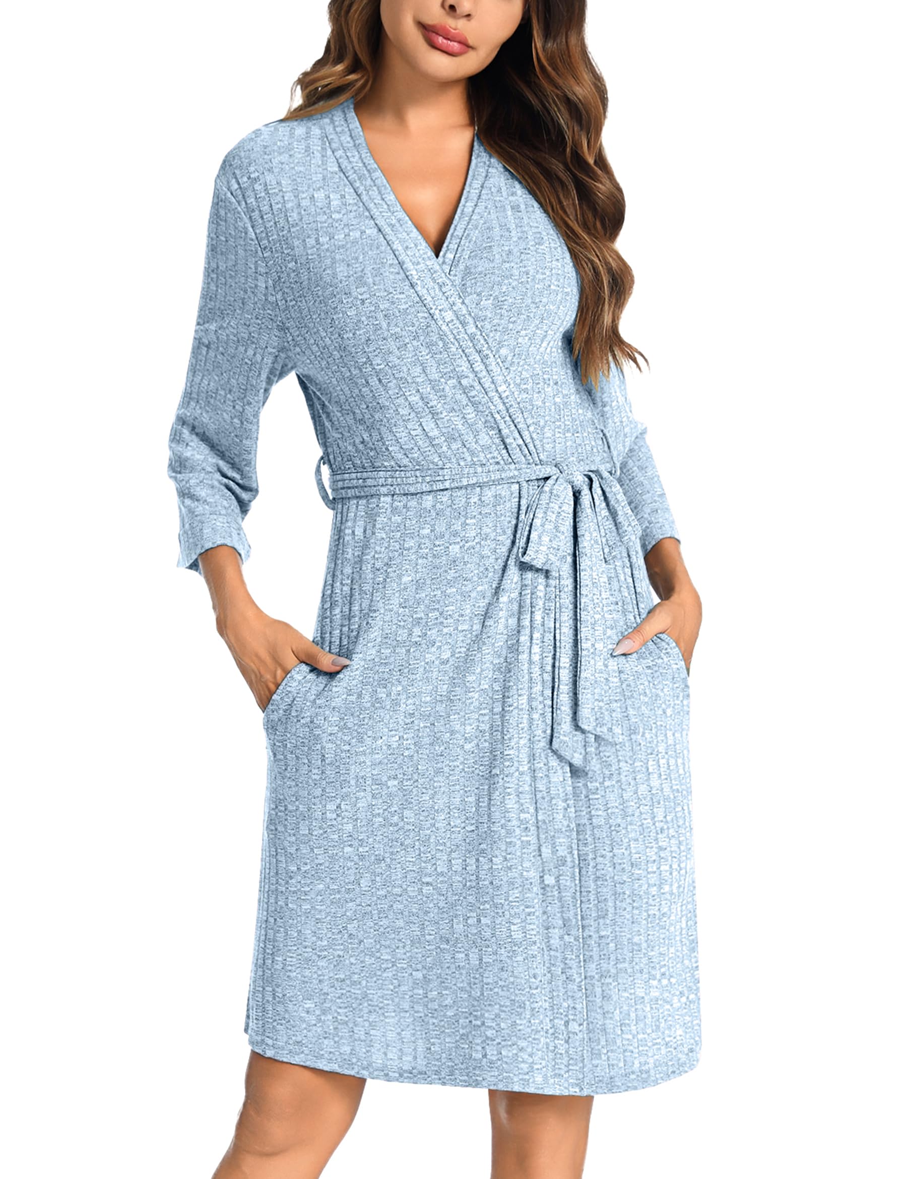 Marvmys Albornoz Mujer Baño Algodón Bata Manga 3/4 Kimono Albornoces Invierno Largo Batas Mujer Cuello V con Cinturón y Bolsillos Robe Femenino S-XXL verde S