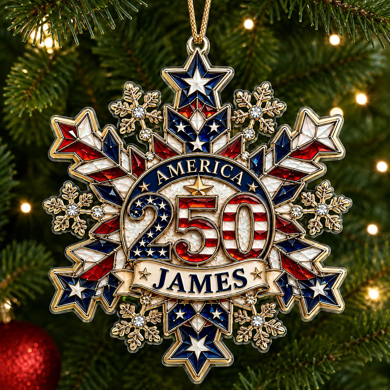 [Made in USA] Personalized 250th Anniversary USA Flat Acrylic Christmas Ornament, Custom Name Patriotic Snowflake Ornament, 1776-2026 250 Years of Freedom Holiday Keepsake Gift