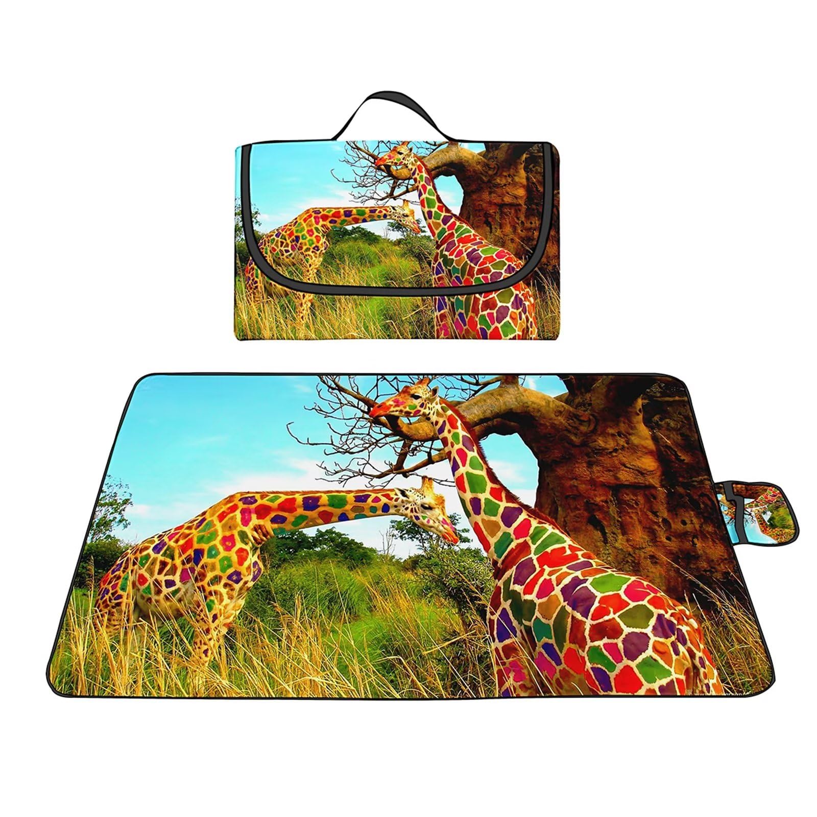 Couverture Pique-nique Imperméable 180x200cm,Couverture Plage Extérieure XXL Tapis de Plage,Girafe colorée Camping Couverture étanche Pique-nique avec Poignée pour Camping Randonnée Parc Plage