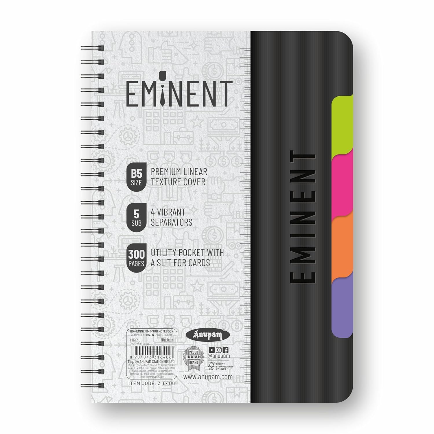 Anupam Eminent 5 Subject Notebook B5, 70 GSM, 150 Sheets (300 Pages), College Ruled Spiral Notebook with One Pocket, Movable Dividers, Front/Back Plastic Covers, Multi Subject Notebook | 17 cm x 25 cm