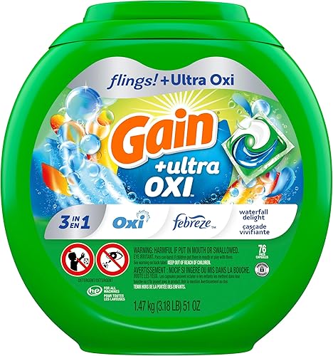 Miniatura 12 de Gain Flings - Cápsulas de detergente Ultra Oxi para ropa, 76 unidades, aroma Waterfall Delight, 3-en-1, compatible con HE