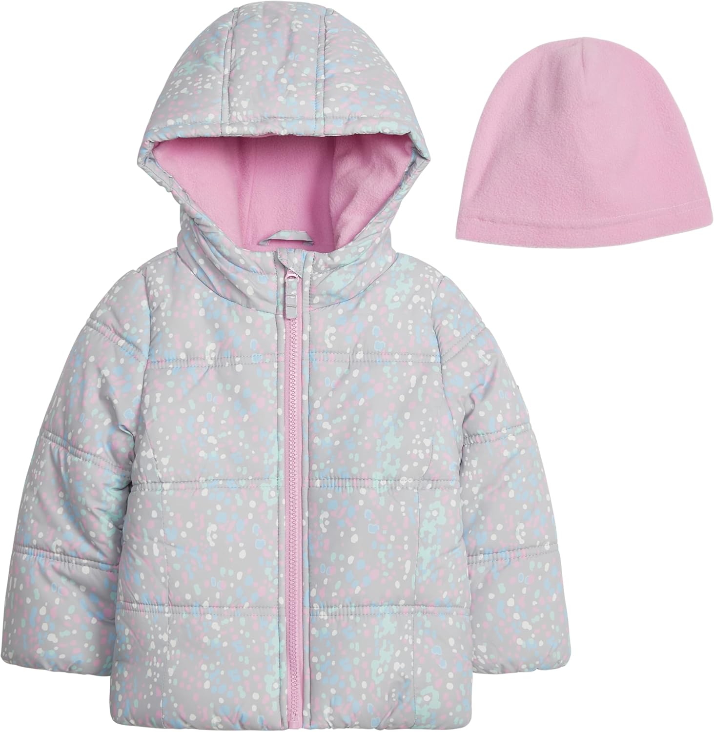 LONDON FOG Baby Girls' Heavyweight Quilted Puffer Jacket with Fleece Beanie 12 Months Marble Print