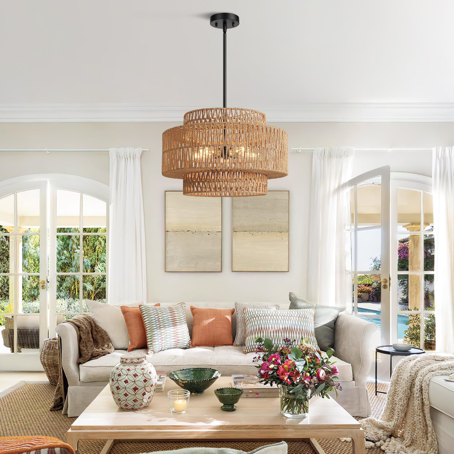 19" Boho Rattan Chandelier for Dining Room Light Fixture, 5-Light Hand Woven Wicker Pendant Light Fixture, Farmhouse Rustic Hanging Black Chandelier for Dining Room, Kitchen Island, Living, Bedroom