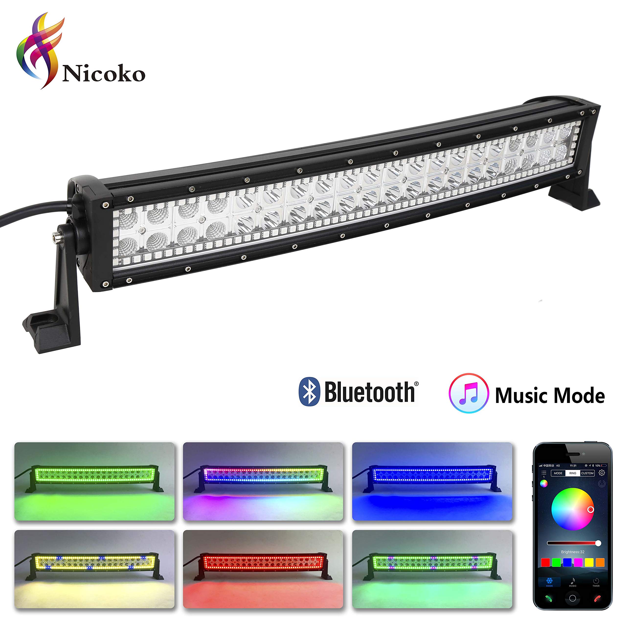 Nicoko 22" 120W Curved Combo Beam Led Light bar with RGB Chasing Bluetooth Controlled Over 300 Modes Color Changing Off Road Light Bar for Jeep Cabin Boat SUV Truck Car ATVs ,12 Months Warranty