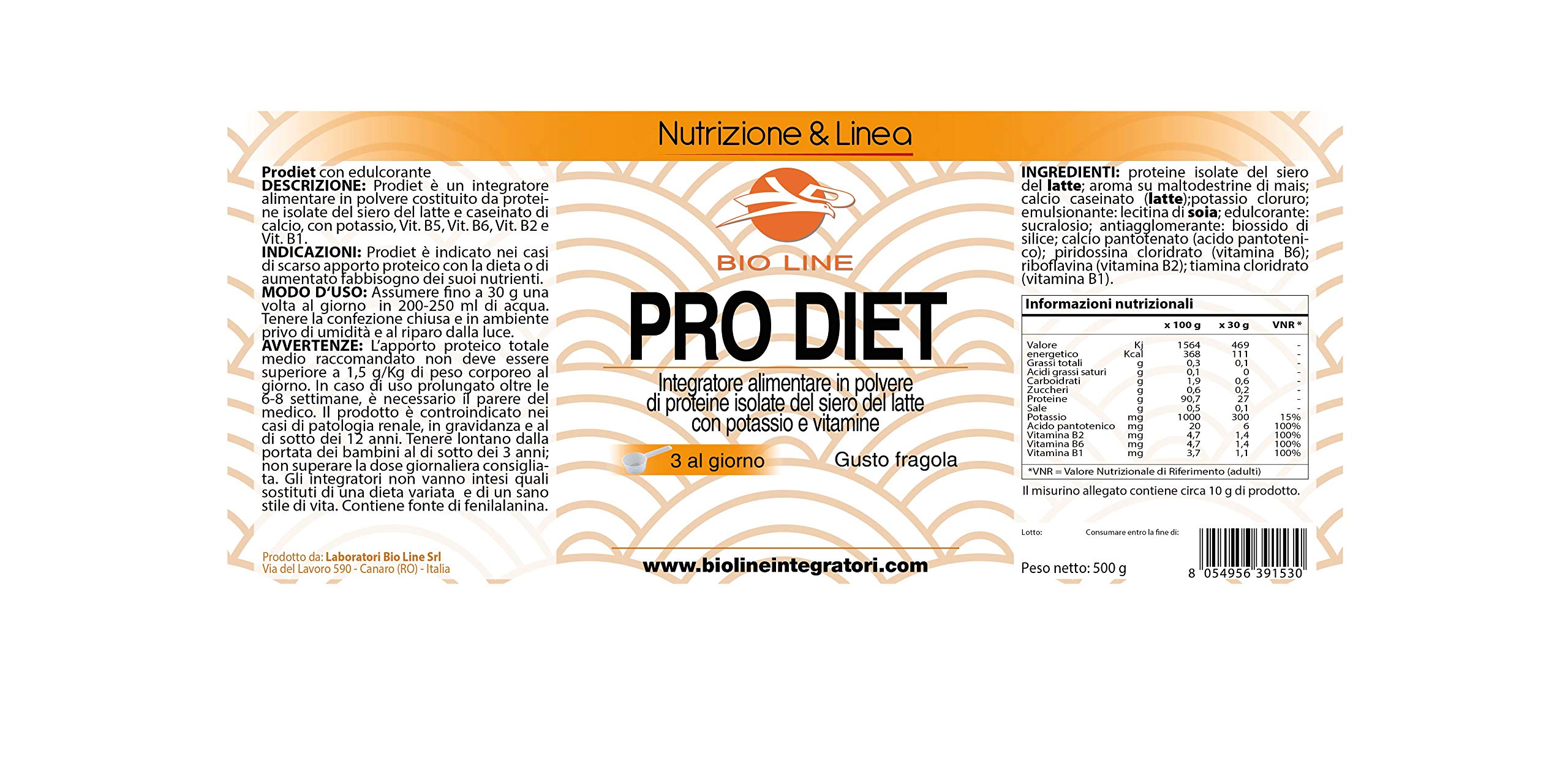 PRODIET - Integratore alimentare di proteine isolate del siero del latte e calcio caseinato con potassio e vitamine, 500 g (Gusto Vaniglia, 500 grammi)