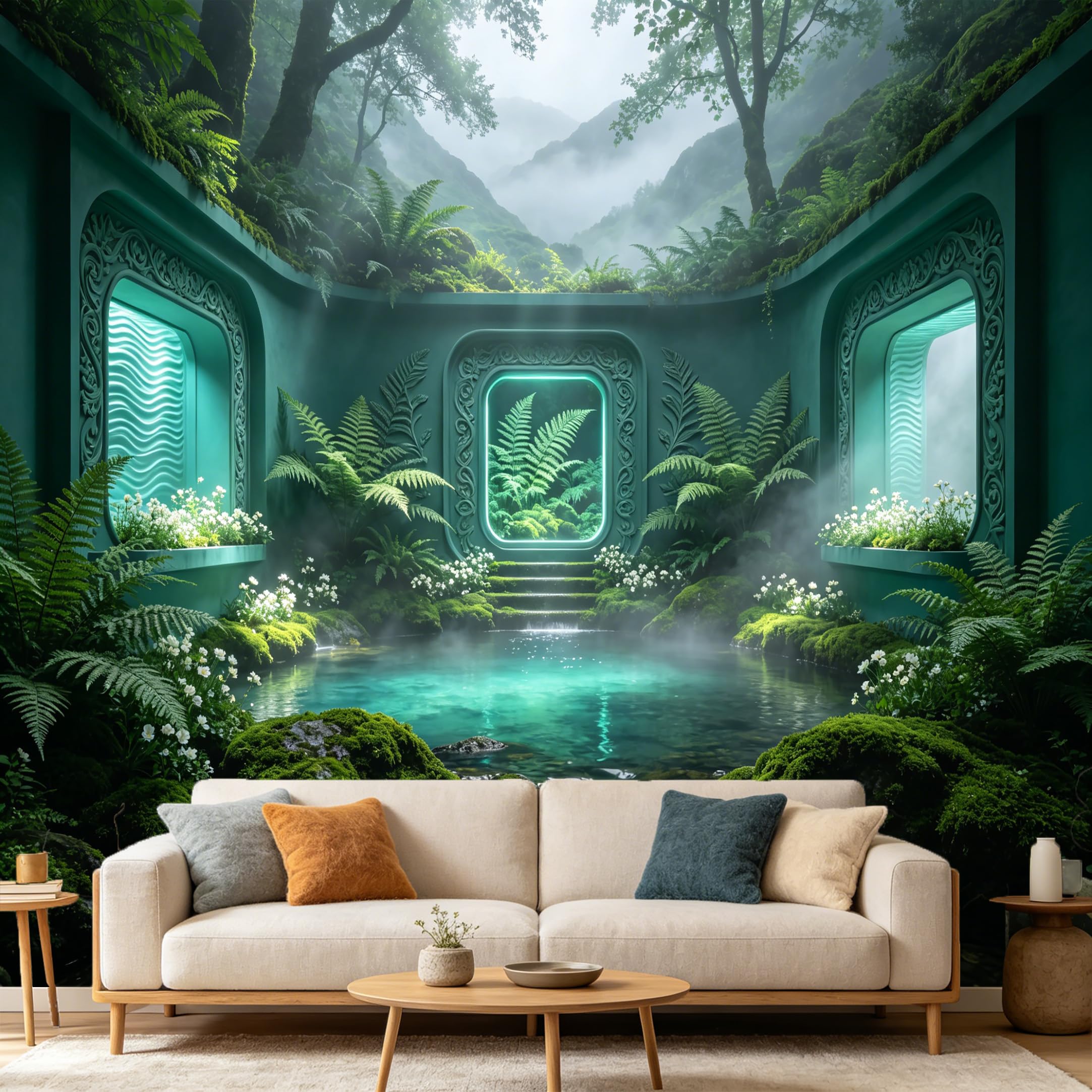 Custom Size Wall Mural， Misty Forest Pond 3D Tropical Botanical Scenery， SelfAdhesive Art Prints wall Fabric Removable Large Wallpaper Home Living Room Decor