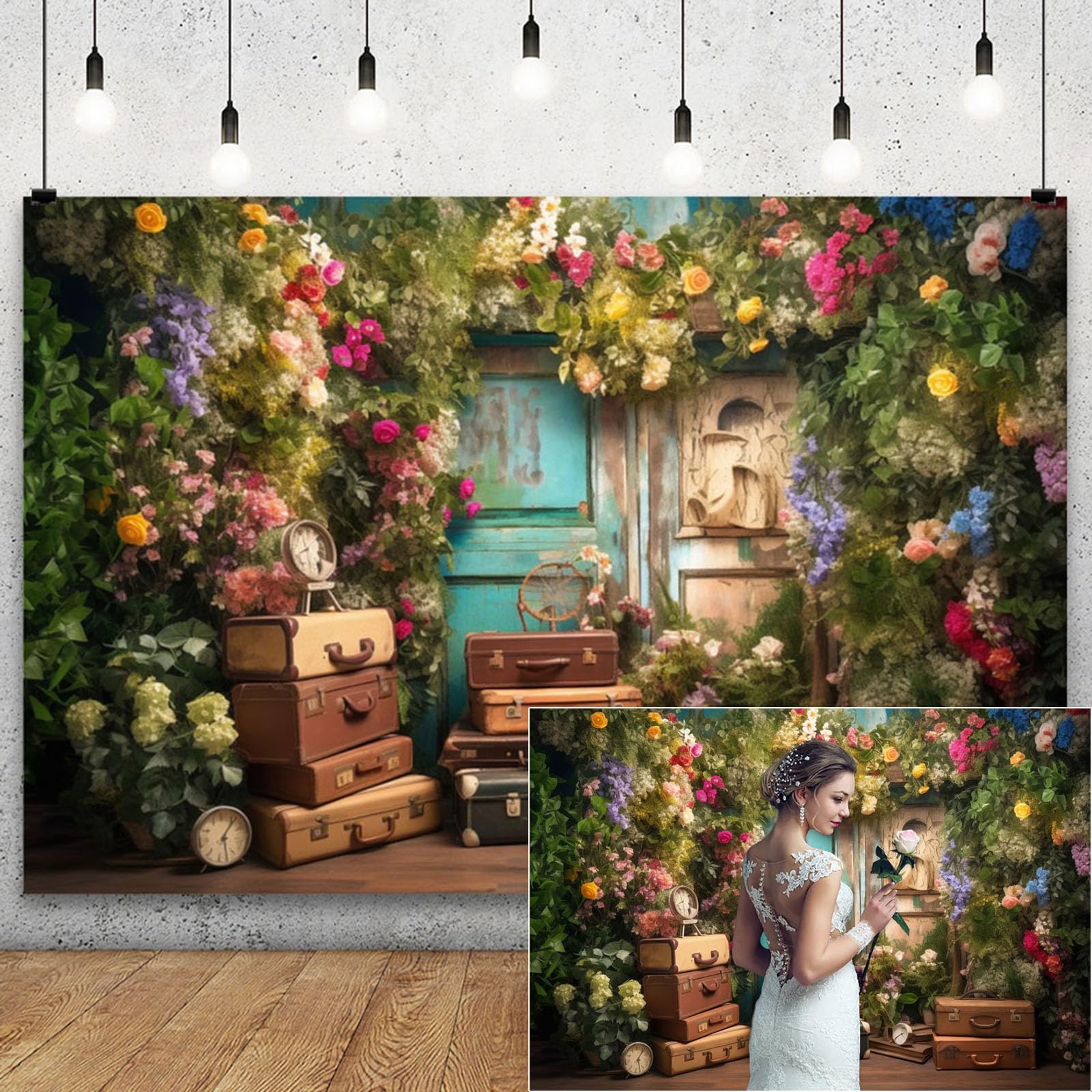 YongFoto Blue Vintage Wooden Door Floor Backdrop 7x5ft Flower Arch Floral Garland Luggage Clock Photography Background Party Banner Decor Living Room Wallpaper Portraits Photoshoot Booth Props
