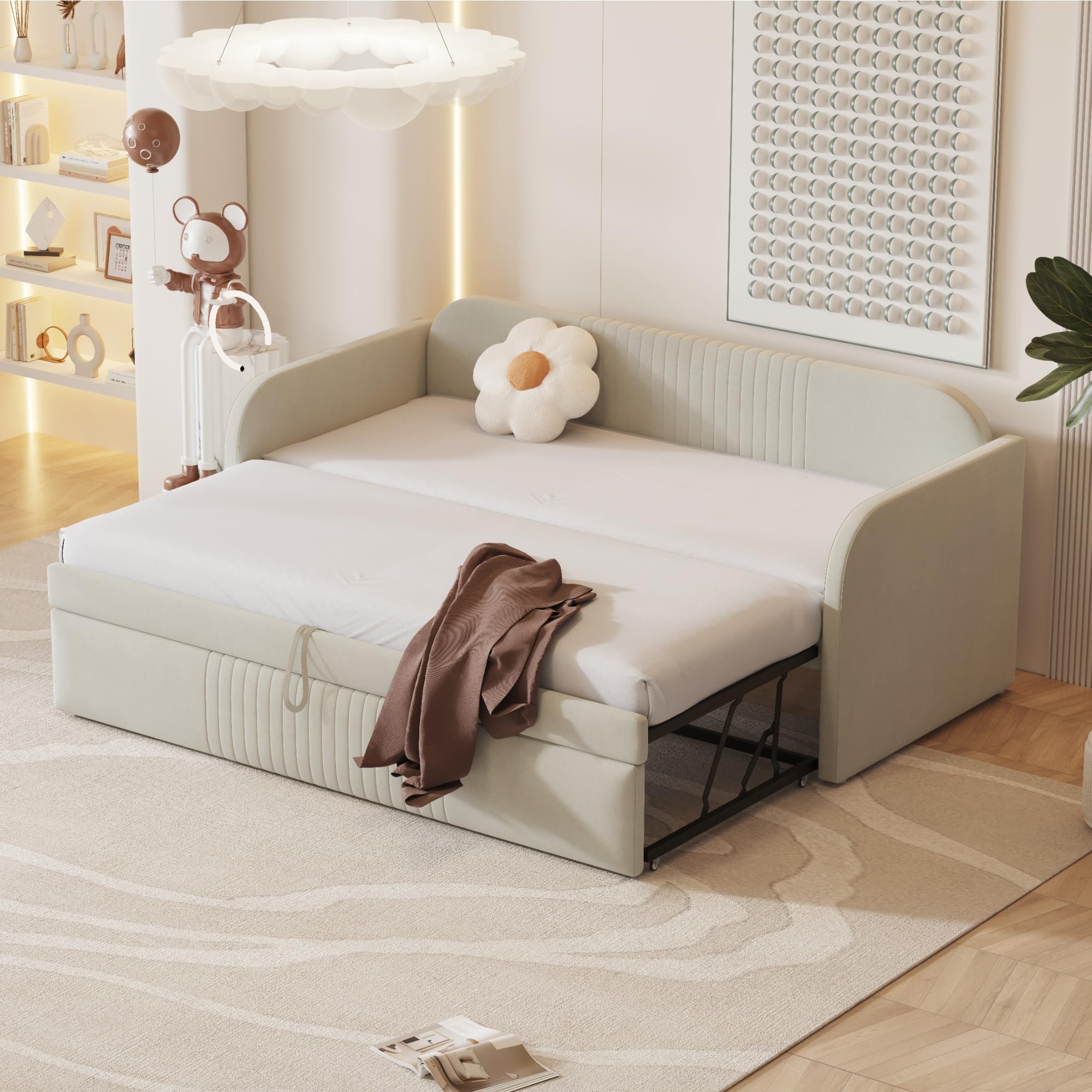 Divano Letto Imbottito 90/180x200cm In Velluto Beige Con Rete A